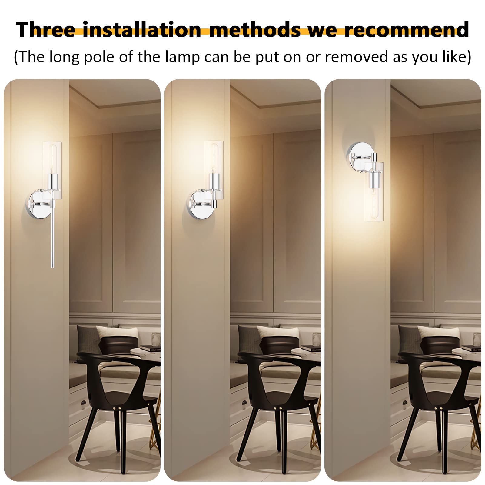 Modern Wall Sconce Set of 2, Chrome Sconce Wall Lighting, Modern Bathroom Vanity Light Fixtures, Metal Wall Sconce with Clear Gl