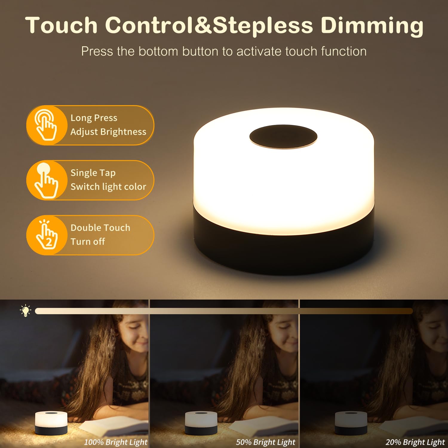 JUSHENG Nursery Night Light, Portable LED Touch Lamp, Dimmable, 3CCT Function, Acrylic, Black, Model CG0025BK