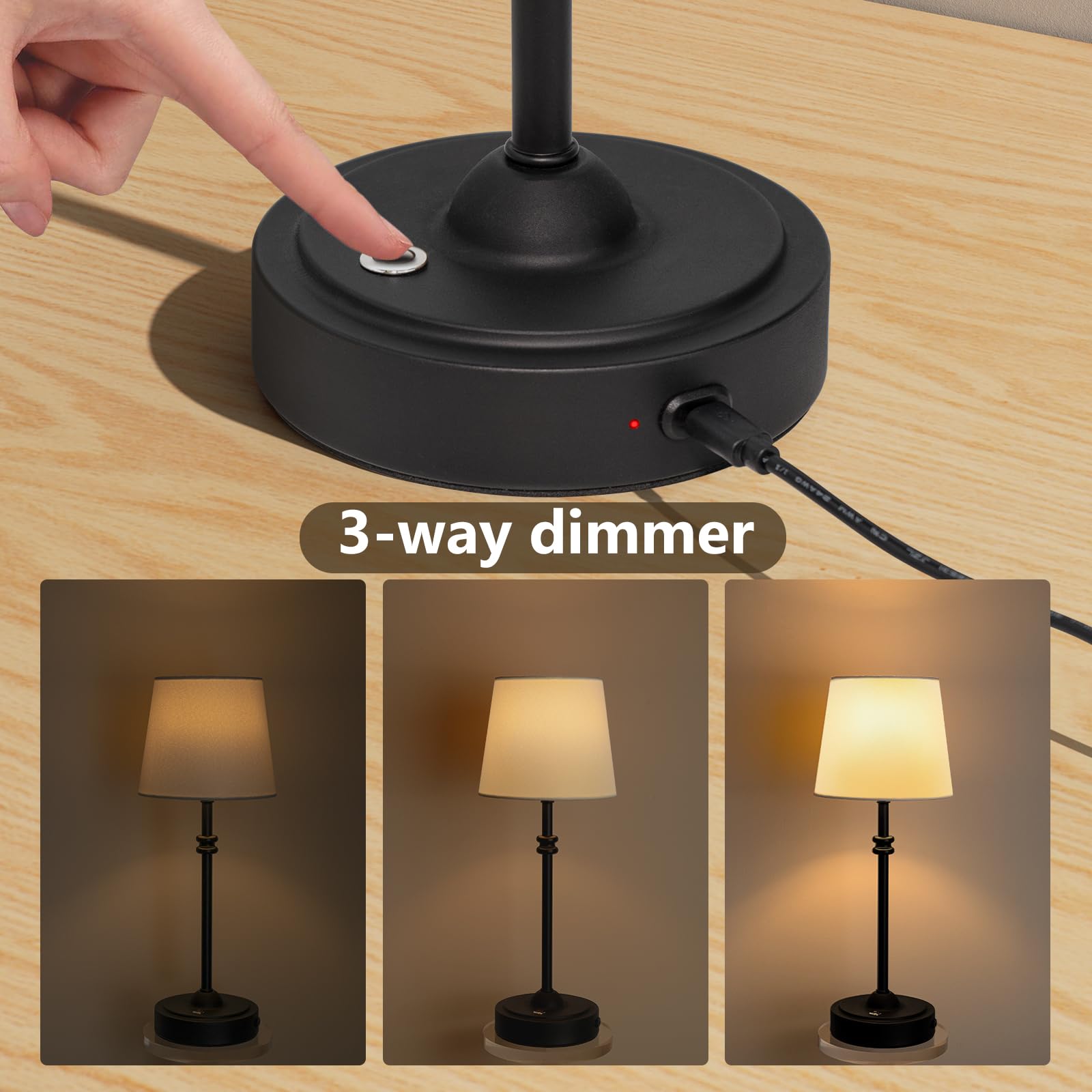 ONEWISH Cordless Table Lamps Set of 2 - Rechargeable, Stepless Dimmable, Black Fabric Shade, 4000mAh Battery, Model 13TAB125