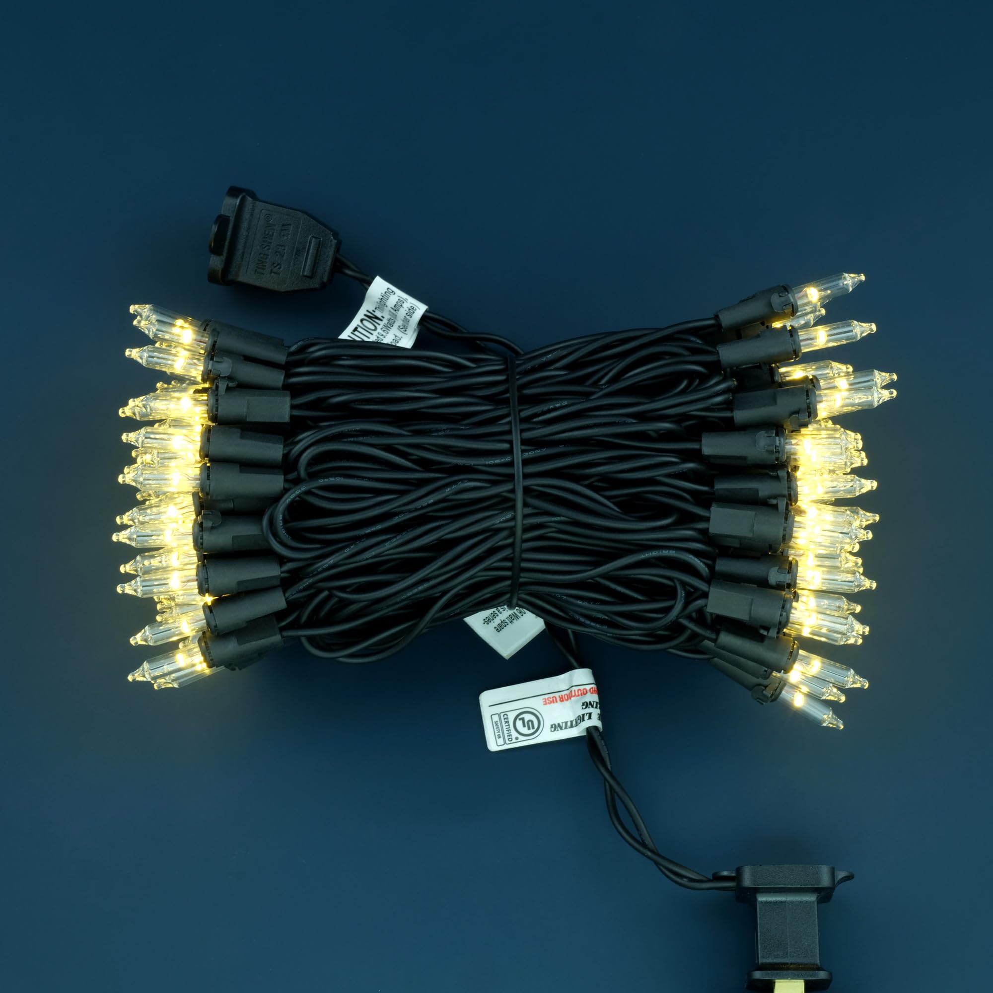 YULETIME 100 Count Mini String Lights, 33ft Warm White, Black Wire, UL Certified, Model DDS-L-100E/2F(0.34)