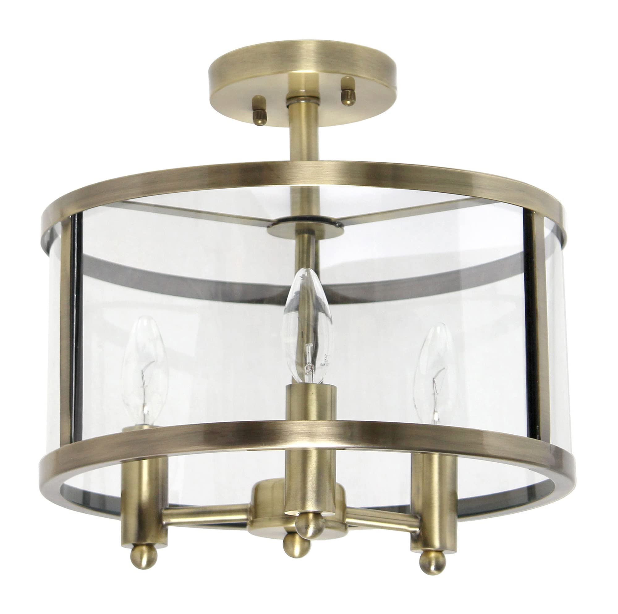 Elegant Designs Fm1005-Abs Medium 13&quot; Iron And Glass Shade Traditional Farmhouse Industrial 3-Light Ceiling Mounted Round Semi-Flushmount For Bedroom Foyer Living Room, Antique Brass