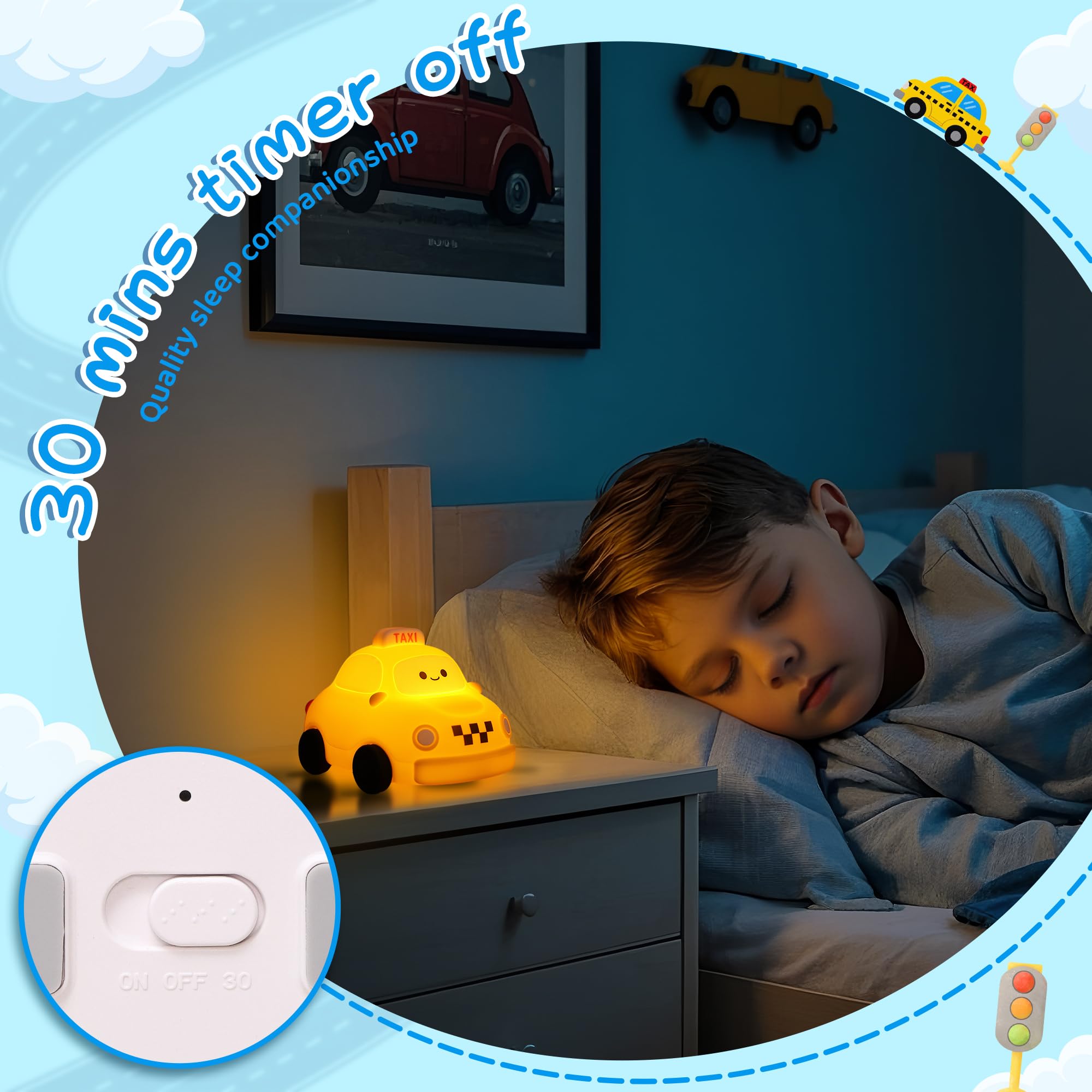 YuanDian Car Night Light, Gifts for Adults Teens and Babies. Decorate Kids Bedroom with Cute Silicone Taxi Toy Nightlights, Chr