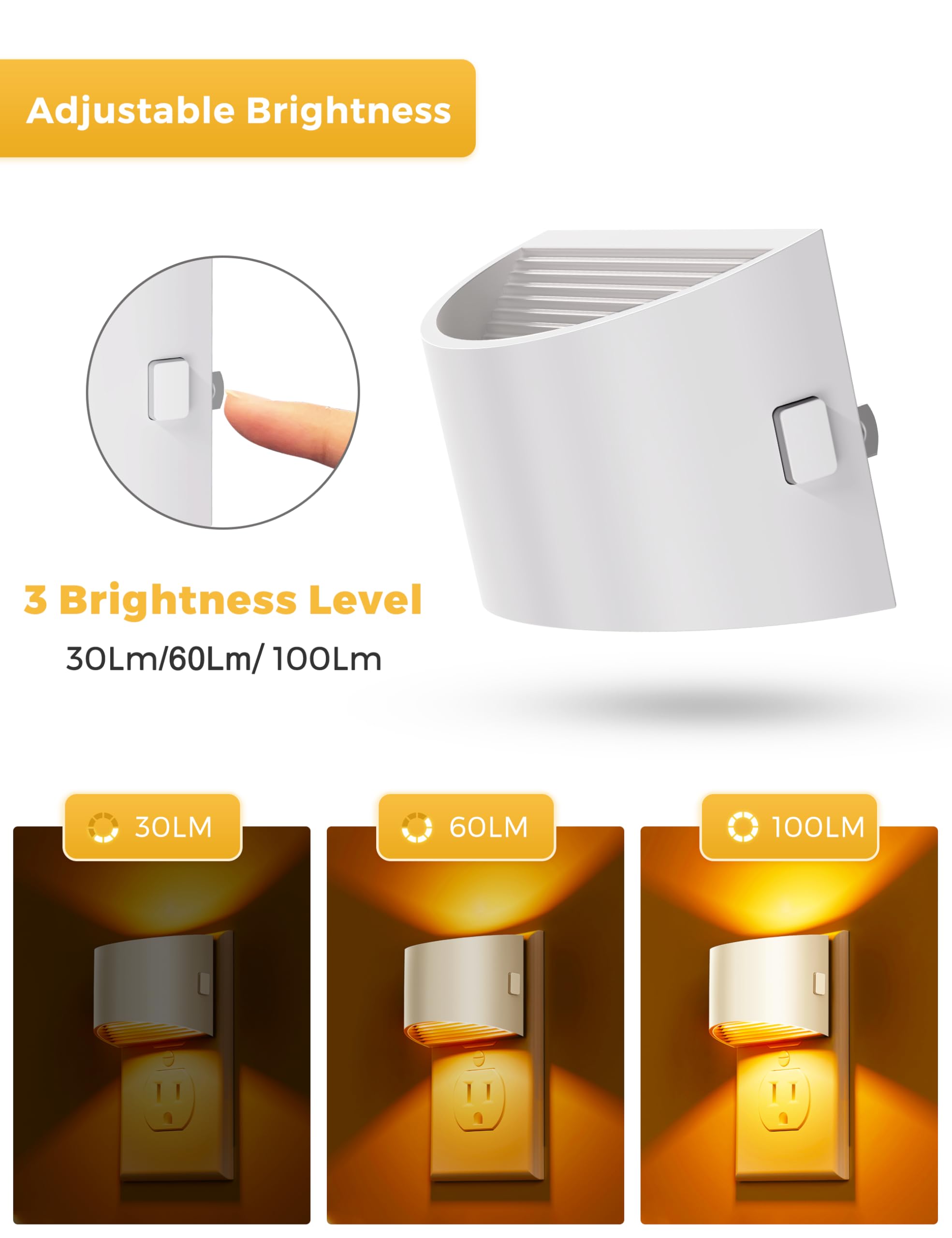 L LOHAS LED Night Light, Dusk to Dawn Sensor, 3 Brightness Levels, 2 Pack, White-Amber, Model A-GY10707WHUS-2