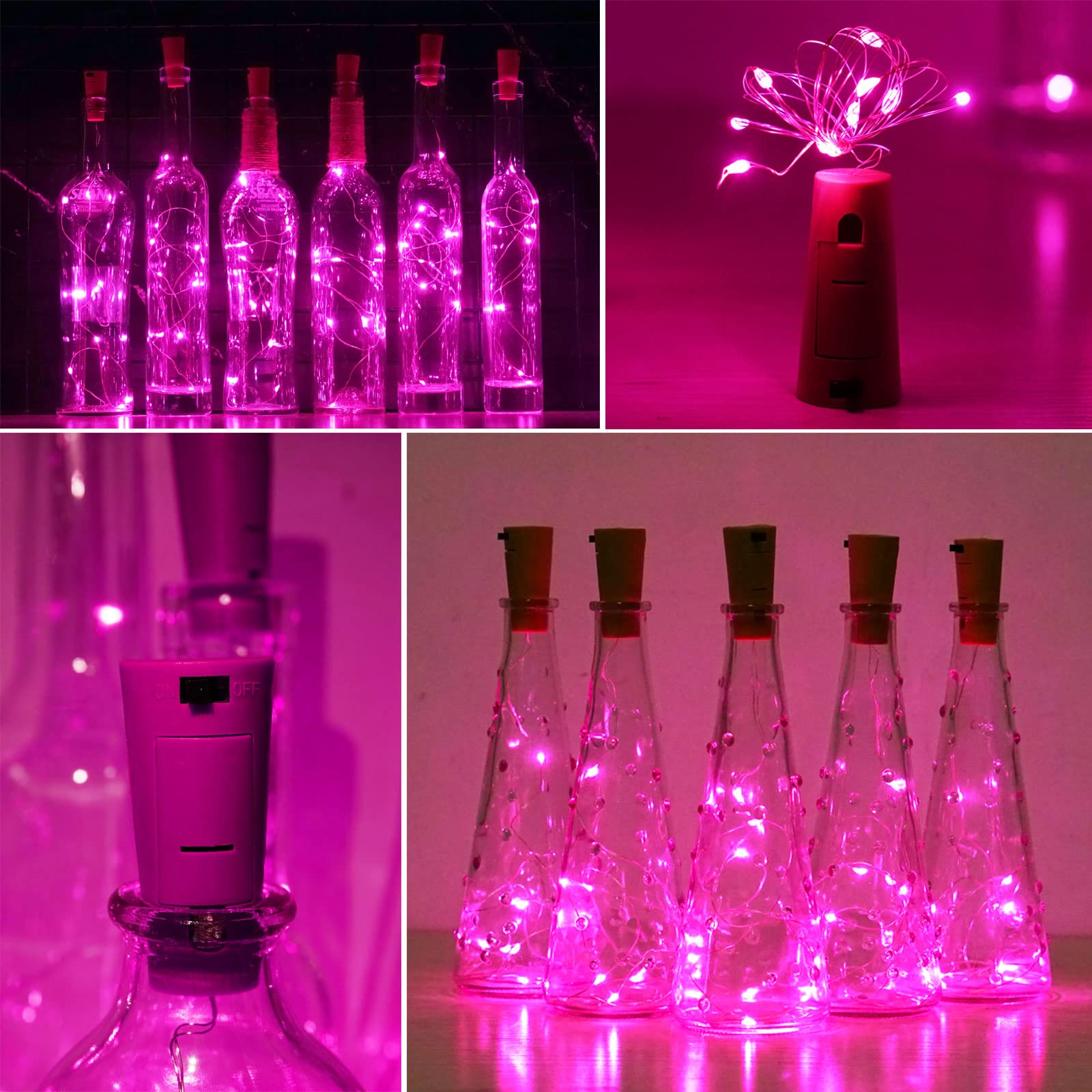 SmilingTown Wine Bottle Cork Lights, 15 Pack, 10 LED, 40 Inches, Battery Operated, Copper Wire, Pink