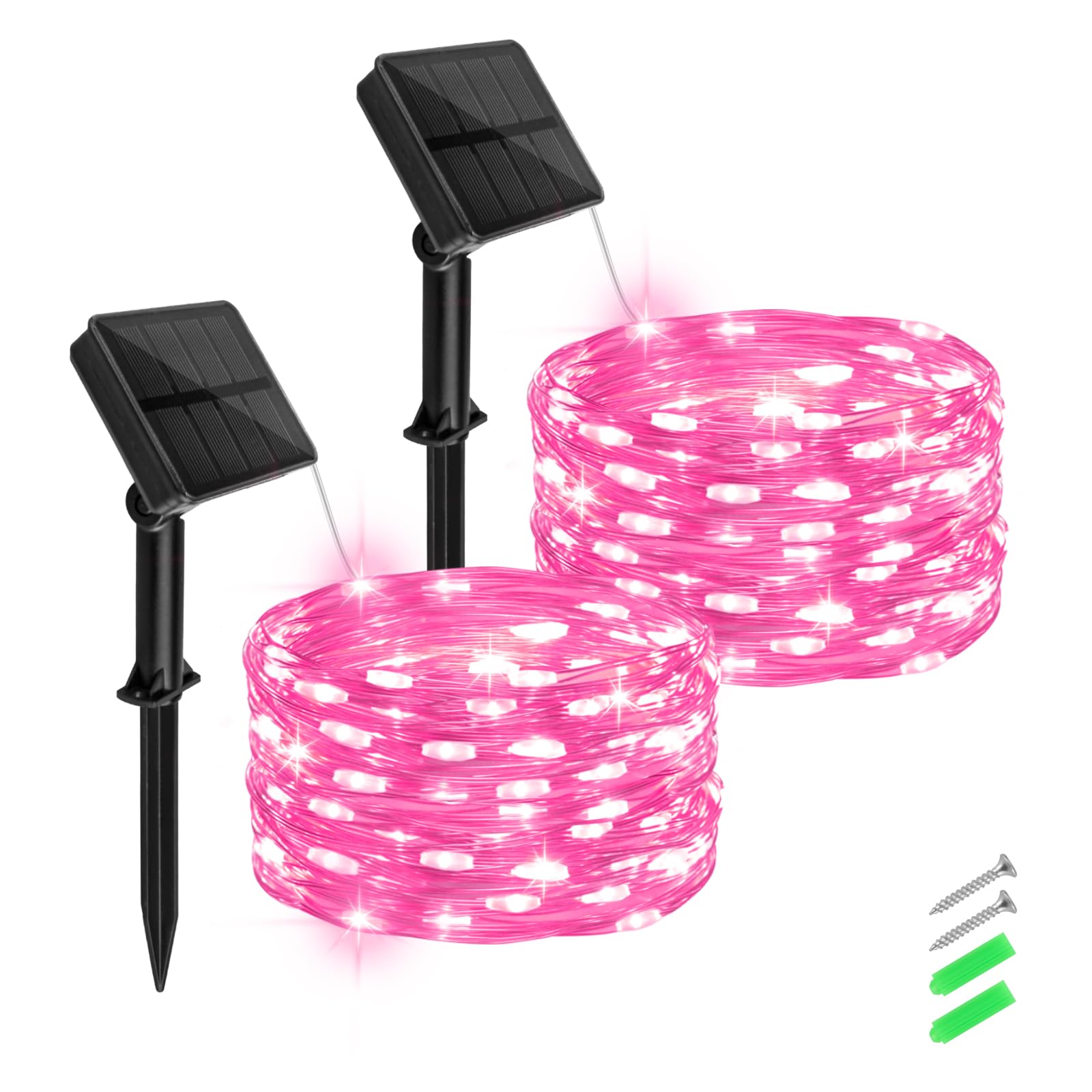 Solar Fairy Lights Pink Outdoor Waterproof,16.4ft 50LED Solar String Lights Pink for Outside 8 Modes 2 Packs for Girls Patio Bac