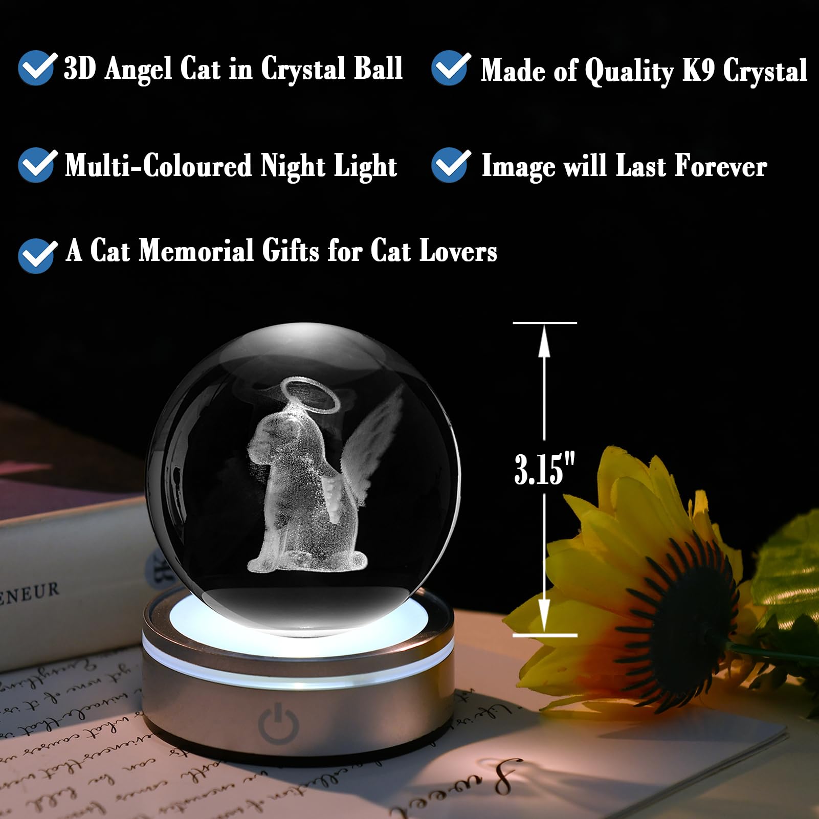 Ifolaina Cat Memorial Gifts 3D Cat Angel Crystal Ball For Cat Lovers Laser Engraved Glass Ball Pet Sympathy Gift For Loss Of Cat