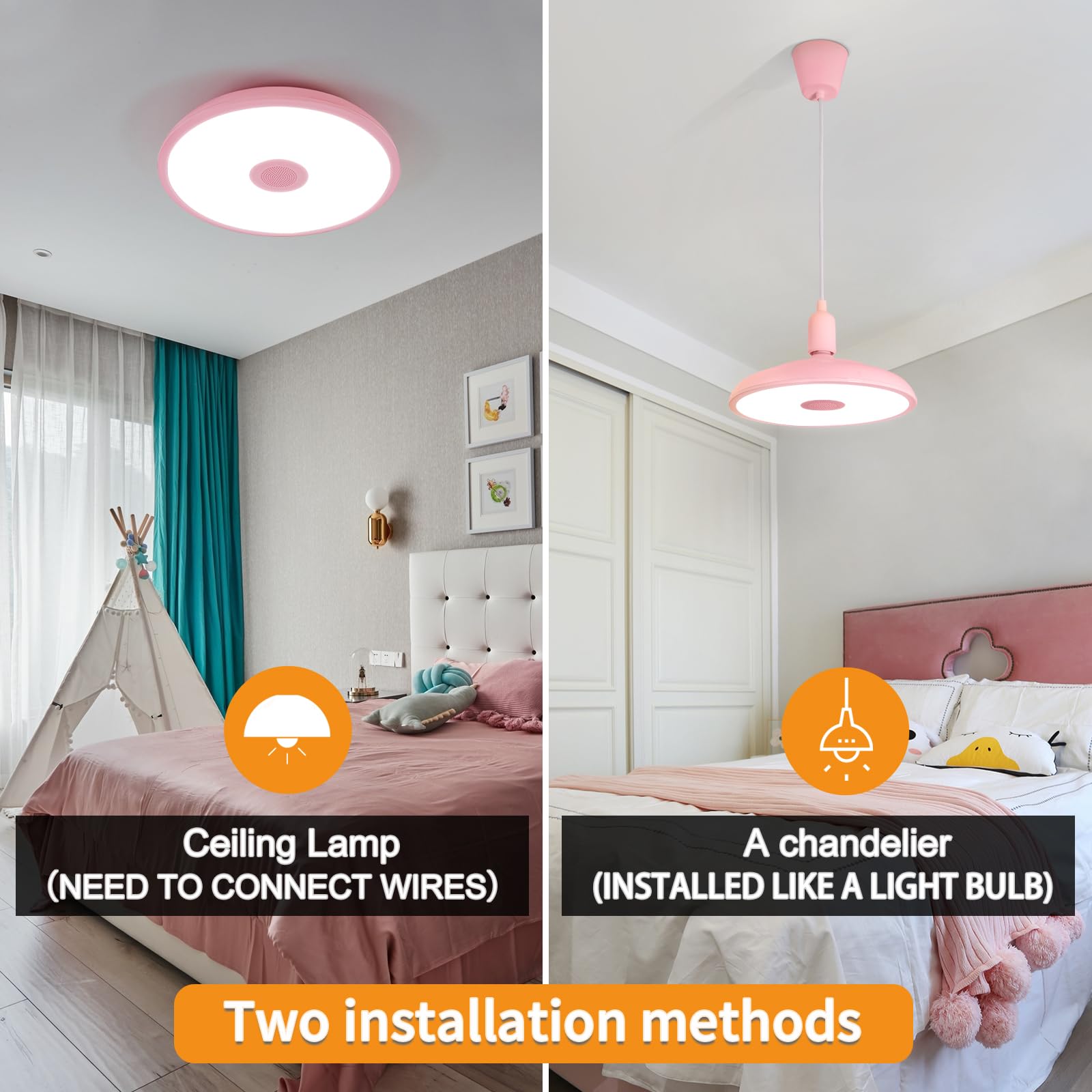 Asall Pink Waterproof Led Ceiling Light Fixture,Music Ceiling Lamp,With Bluetooth Speaker,11Inch 18W, 2700K-6500K Dimmable Rgb C