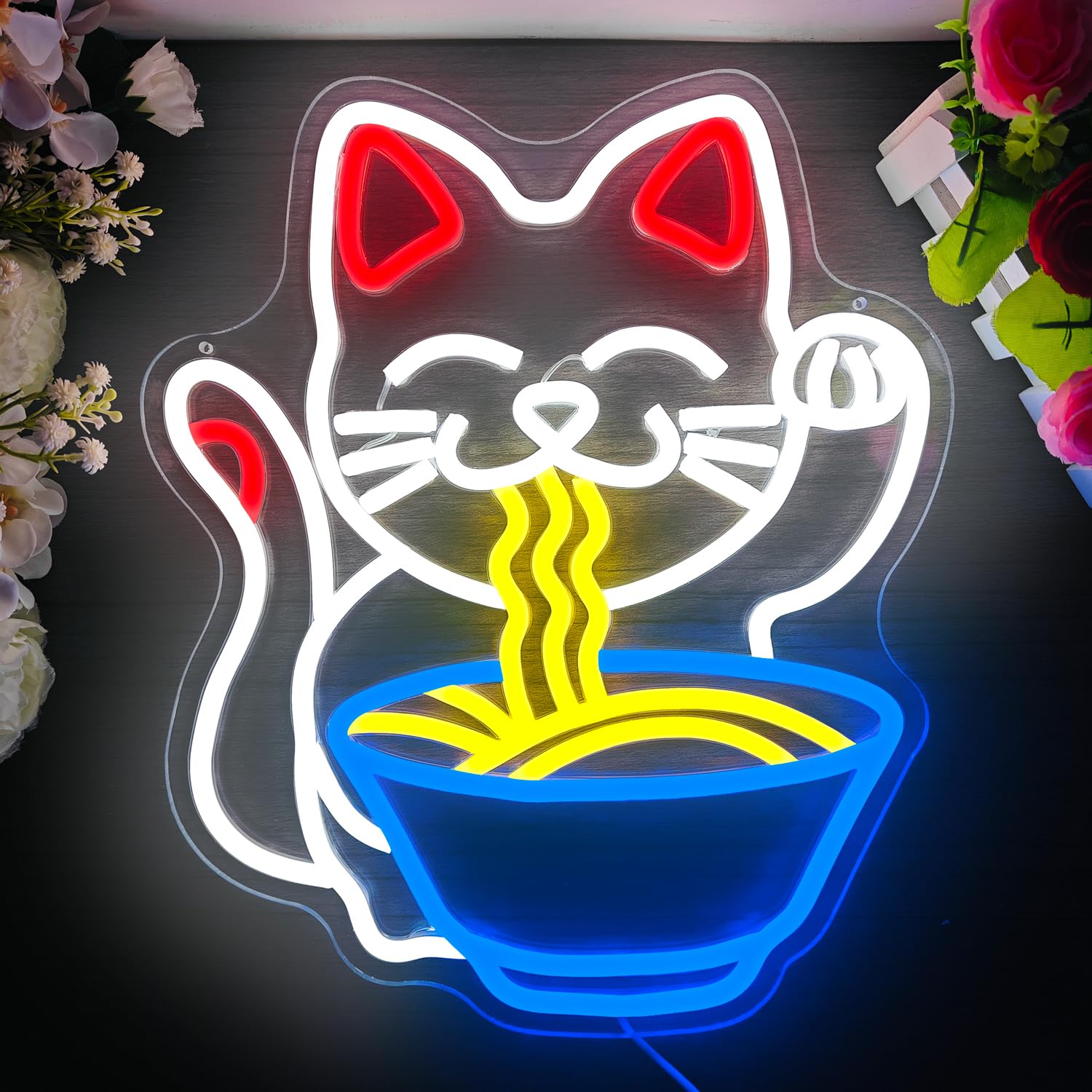 Fortune Cat Ramen Neon Sign Cat Neon Sign Dimmable Japanese Noodles Led Neon Signs for Wall Decor Anime Light Up Signs Neon Ligh
