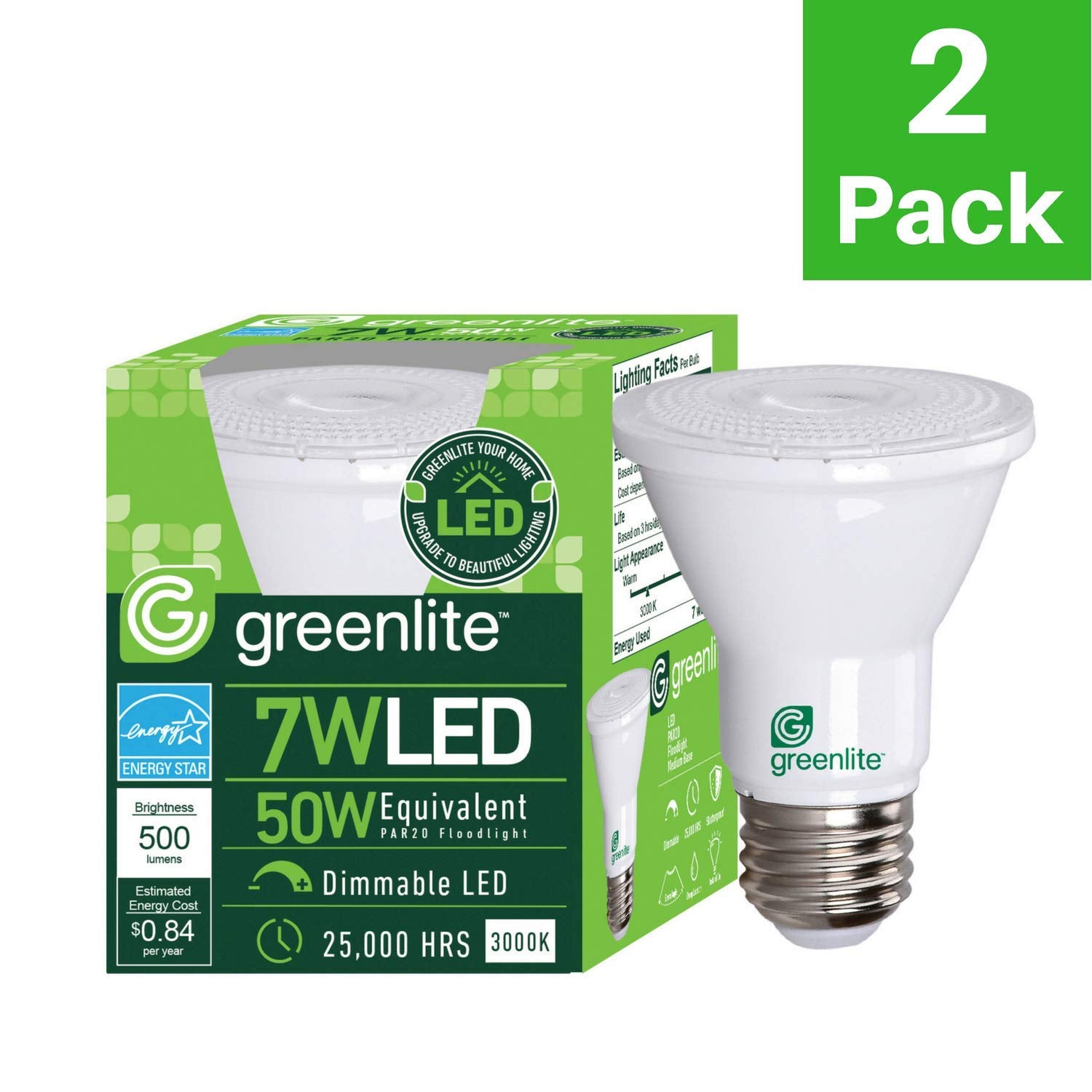 Greenlite LED PAR20 Dimmable Flood Light Bulb, 7W (50W Equivalent), 500 Lumens, 3000k Bright White, 30° Beam, 2 Pack