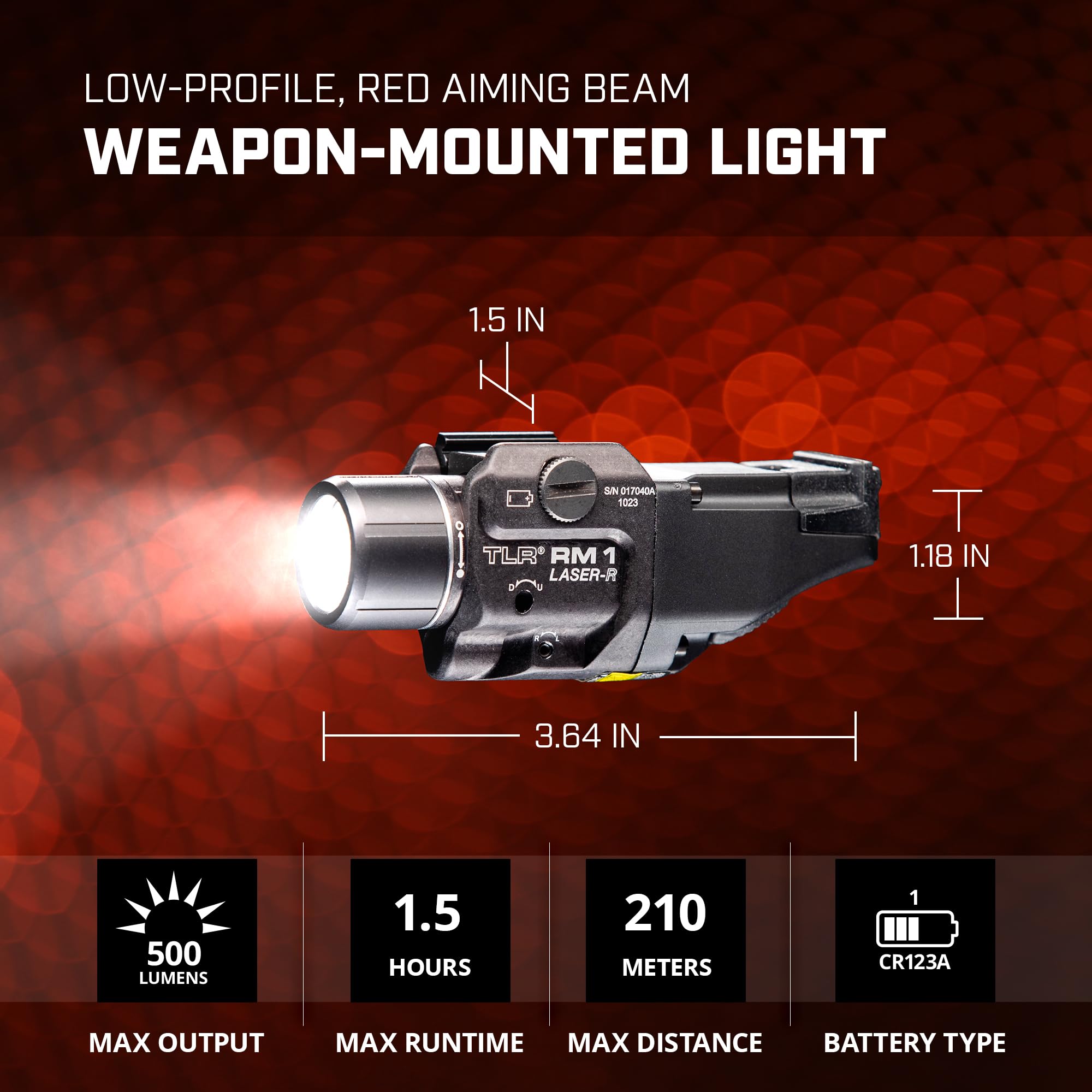 Streamlight 69445 TLR RM 1 500-Lumen Rail-Mounted Tactical Weapon Light with Integrated Red Aiming Laser, Remote Pressure Switch
