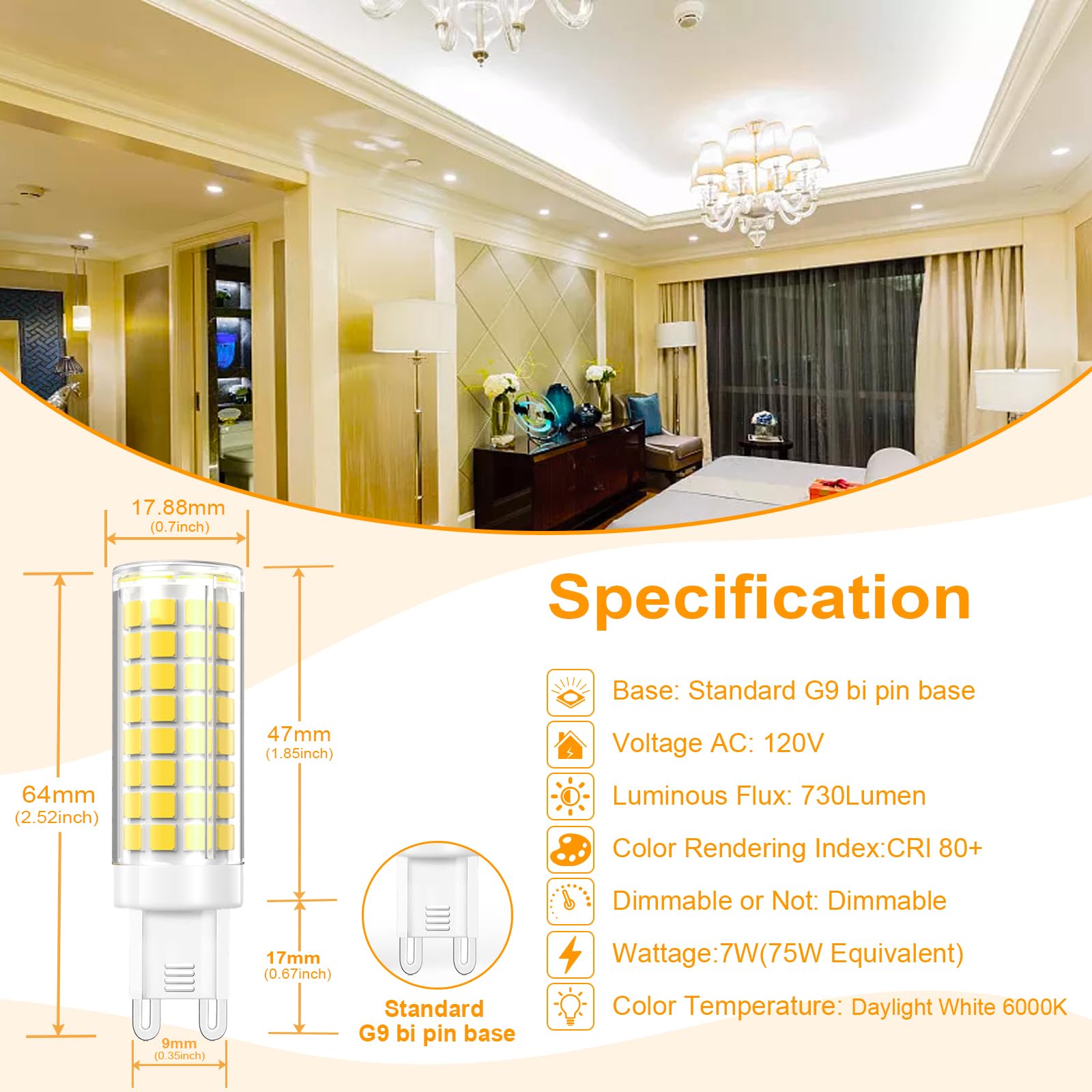 Vyaomli G9 Led Light Bulbs Dimmable 7W Equivalent To Halogen Bulb 75W-80W 730Lm  G9 Bi-Pin Base Light Bulb Ac 120V For Kitchen Chandelier Home Lighting (Daylight White  2 Pack)