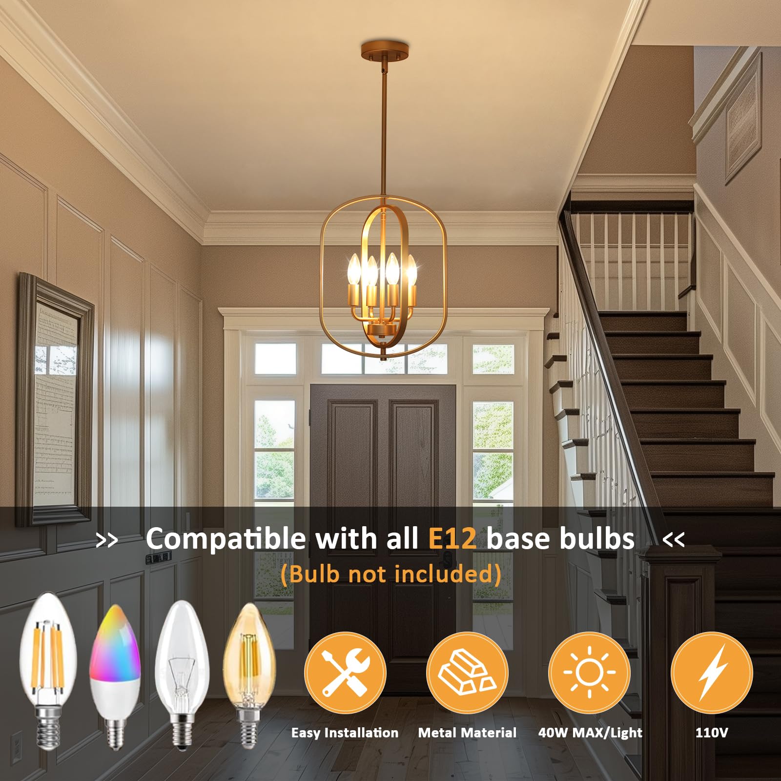 Gold Chandelier For Dining Room Light Fixture, 4 Light Entryway Light Fixture, Adjustable Modern Farmhouse Chandelier Foyer Ligh