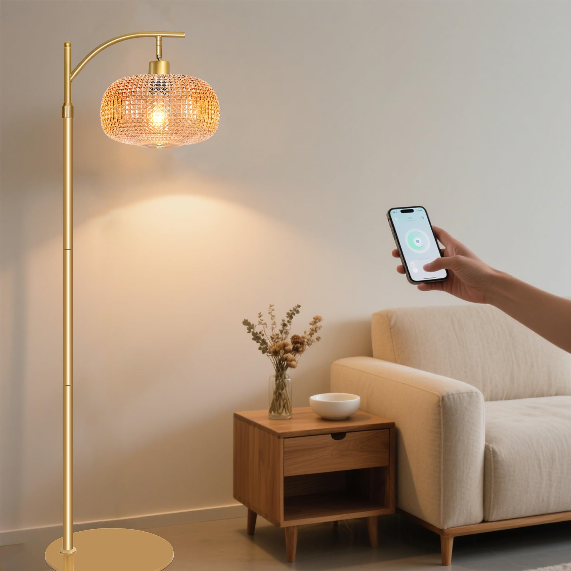Glass Floor Lamp for Living Room with Amber Glass Lampshade, Dimmable Modern Floor Light with 12W LED Bulb, Remote Control Tall