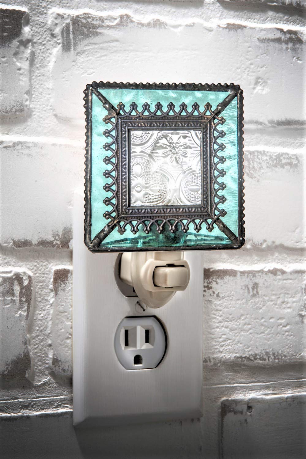 J Devlin Glass Art Stained Glass Night Light, NTL 166, Blue Aquamarine, Plug-in for Bedroom/Bathroom/Hallway Decor