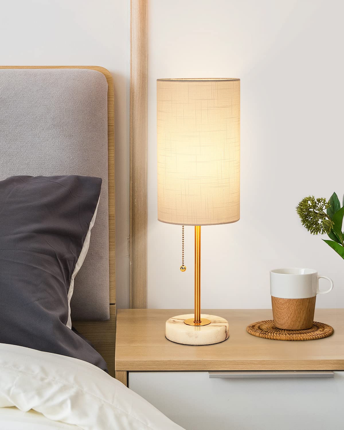 Junnai Small Table Lamp, Bedroom Lamps Set Of 2, 3 Way Dimmable Bedside Lamps With Marble Base & Linen Shade &Pull Chain Nightstand Lamps 18.5 Inches Desk Lamps For Living Room(Bulbs Included)