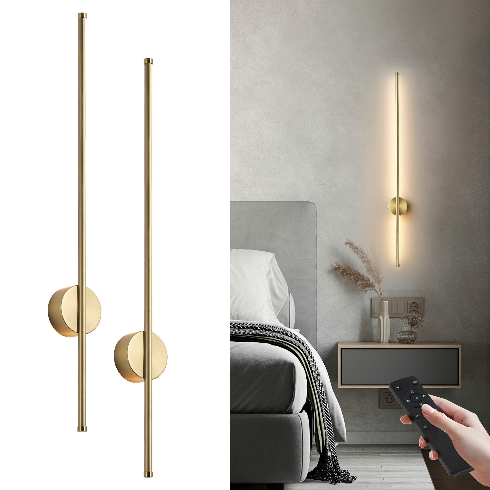 KARTOOSH Battery Operated Wall Sconces, Dimmable LED Light Set of Two, 39.3 Inch, Brass, Model ZM322BBS100