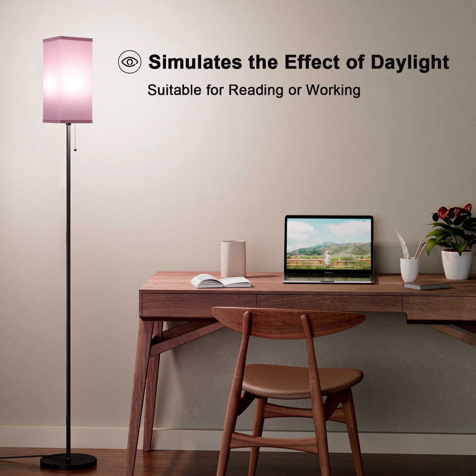 Ziisee Pink Floor Lamps For Bedroom Modern- 3 Color Temperature Standing Lamps With Pull Chain Switch, Tall Lamp For Office Home