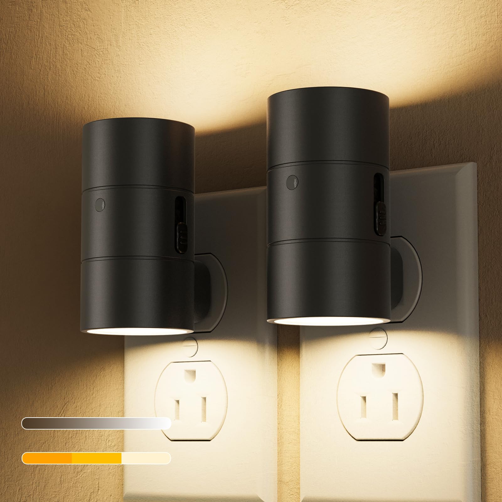 VOLISUN Dimmable LED Night Light, 0-100LM Adjustable Brightness, 2 Pack, Black, Amber/3000K/4500K, Model XYD001-amber