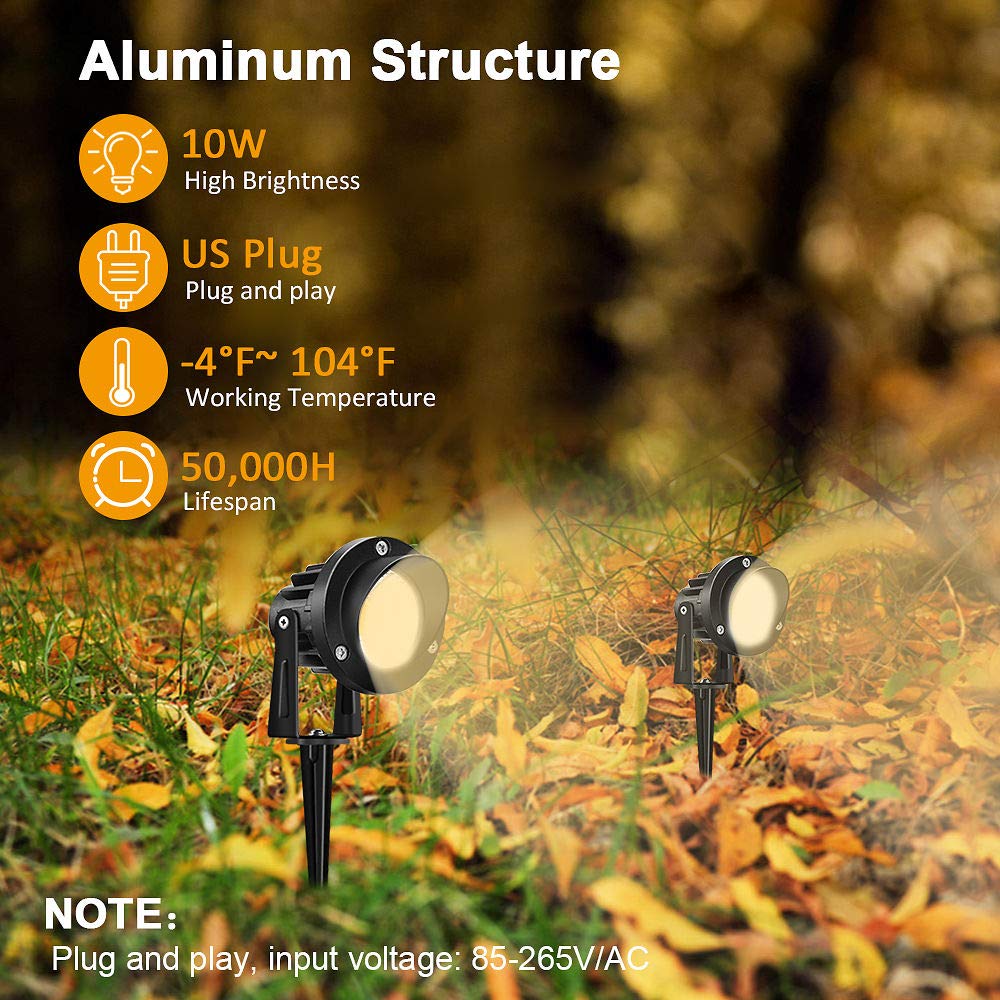 Romwish LED Landscape Spotlights, 10W Outdoor Lighting, Warm White, Waterproof, 2 Pack