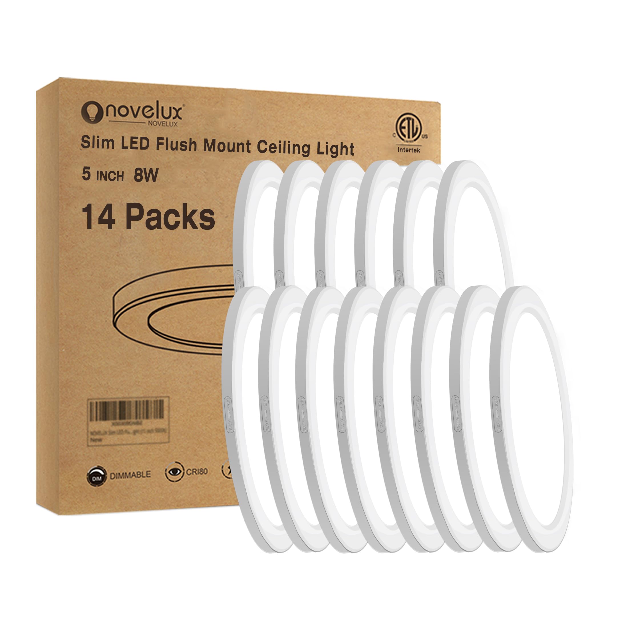 NOVELUX Ceiling Light Dimmable 5000K LED Ultra Thin Round Fixture 14 Pack White Stainless Steel