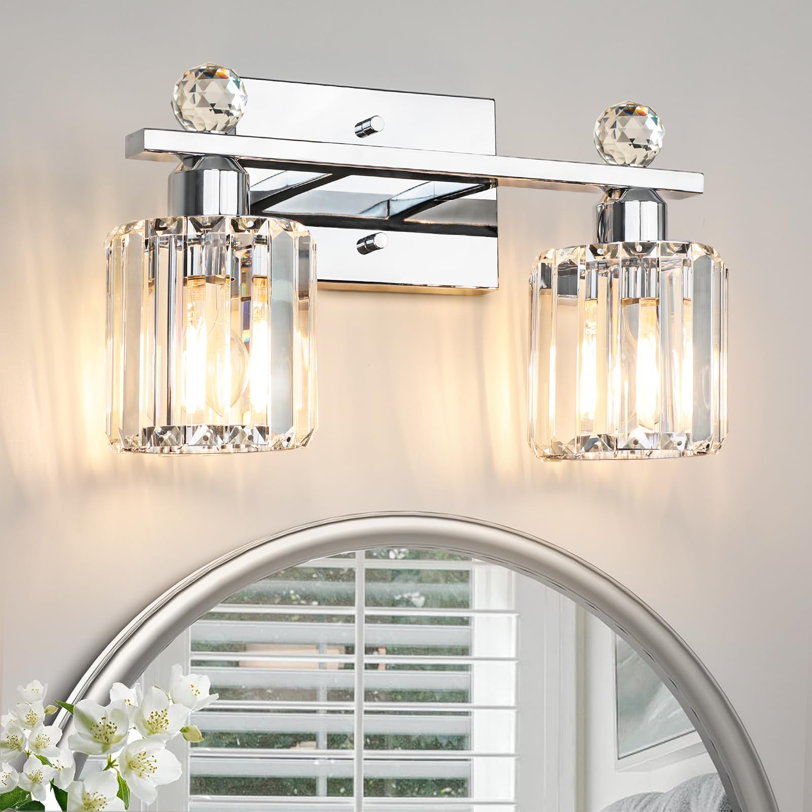 Kunruitai 2-Light Silvery Bathroom Light Fixtures,Modern Bathroom Vanity Lights Fixture With Clear Crystal Glass Shade,Brushed S