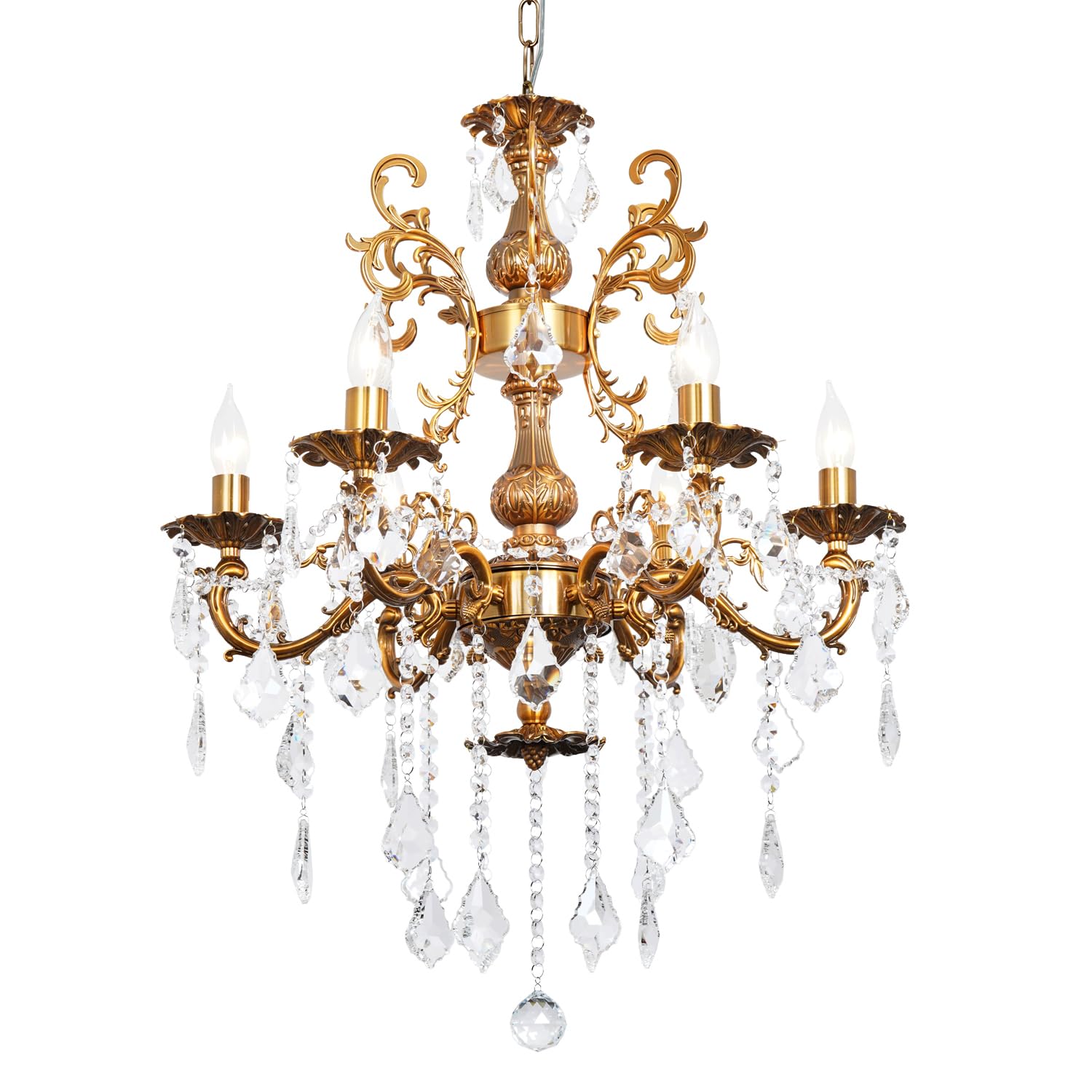 Akeelighting Crystal Chandelier Lighting Modern, Antique Gold Farmhouse Chandeliers 6-Light Crystal Candle Chandelier Ceiling Ha