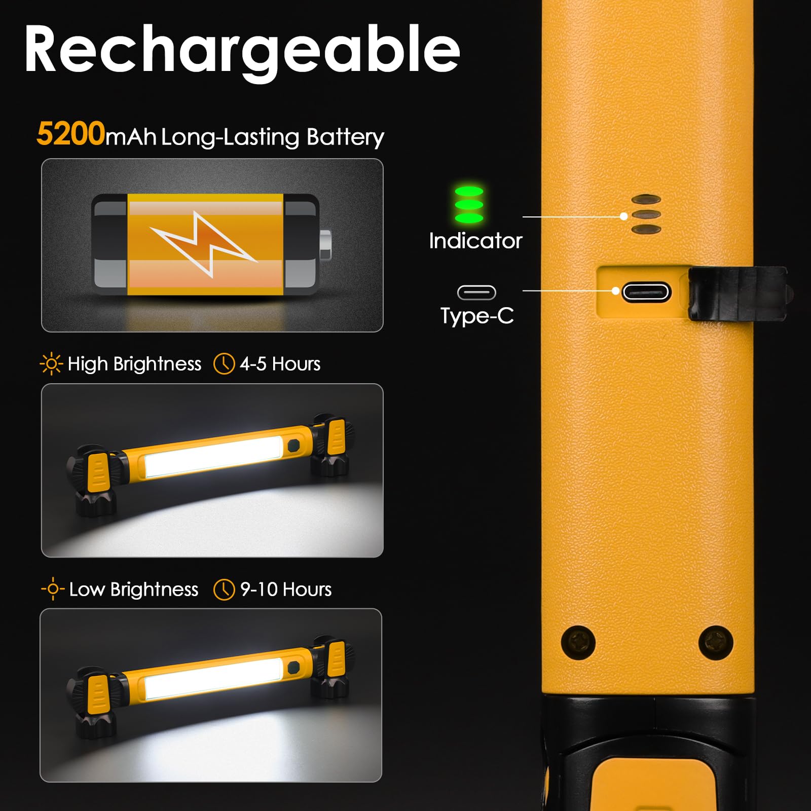 ropelux LED Work Light 2500LM 5200mAh Rechargeable Magnetic Bar - Orange, Model JF728AU, Portable for Mechanics & Garage Use