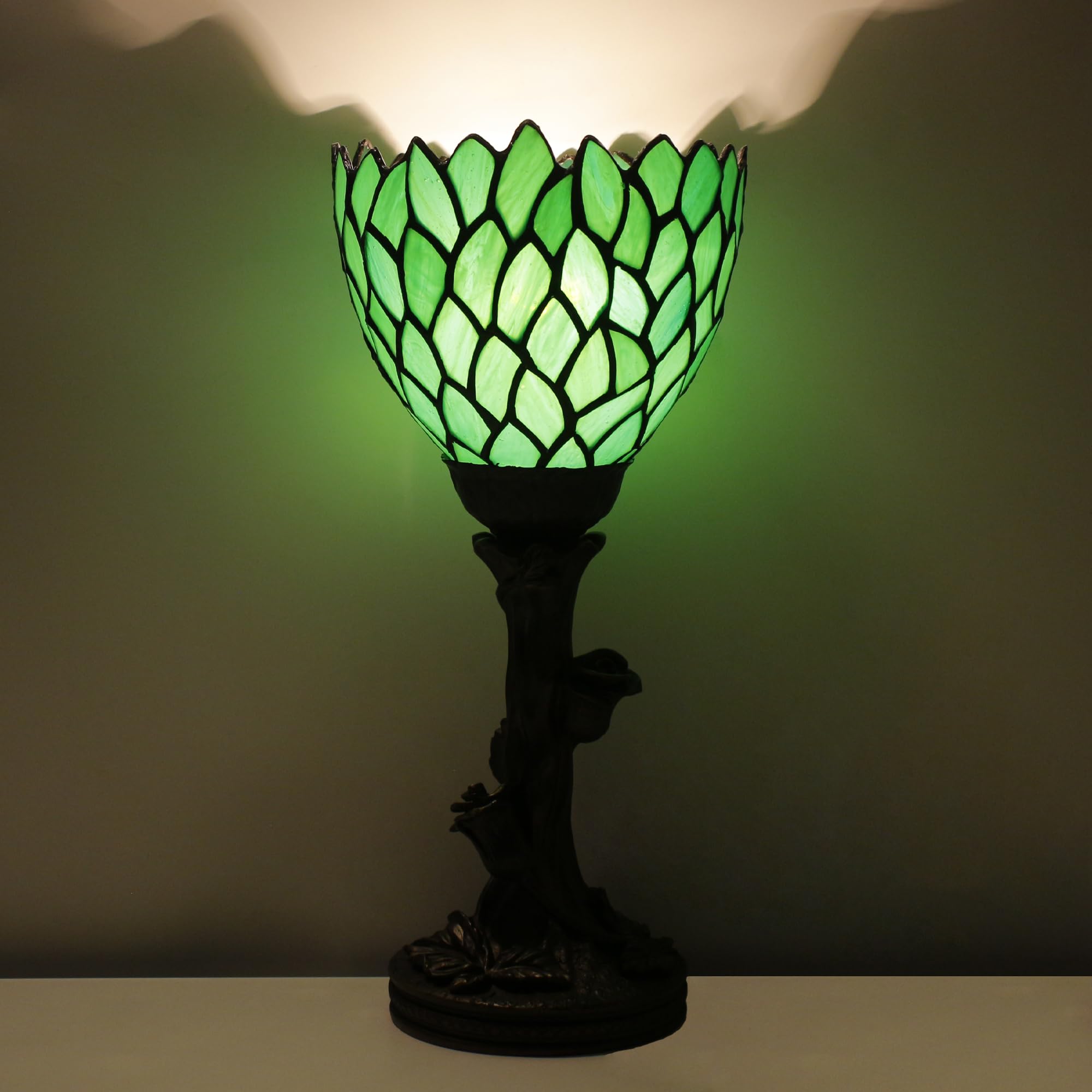 Avivadirect Small Tiffany Lamp Mini Stained Glass Table Lamp Green Wisteria Accent Desk Uplight W6 H13.5 Inch Bronze Resin Base