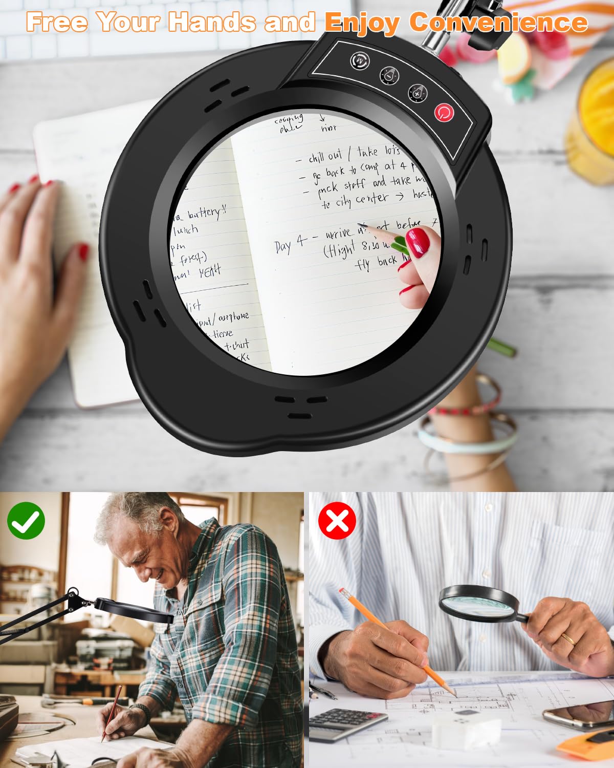 Aigogo 10X Magnifying Glass with Light, 5 Color Modes, Stepless Dimmable LED, Black, Model M10