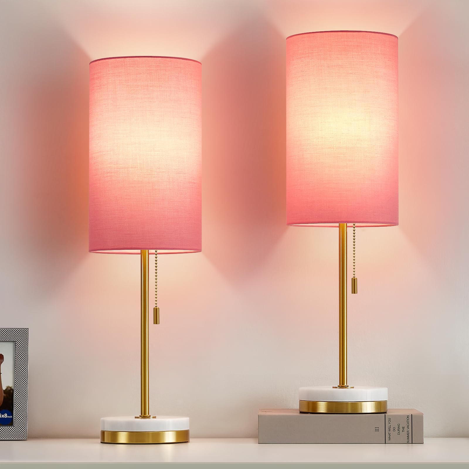 Luvkczc Minimalist Table Lamp Set of 2, Metal & Fabric, Pull Chain, Marble Base, Pink & Gold, Model 066
