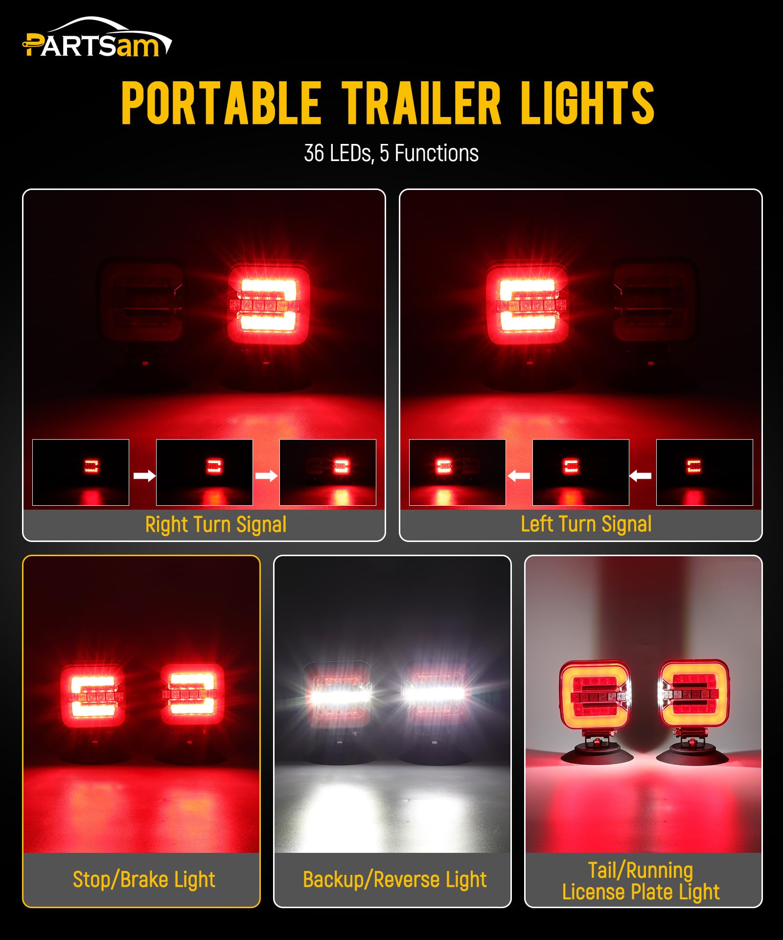 Partsam Wireless LED Trailer Light Kit - Square Magnetic Tail Lights, 12-24V, IP67 Waterproof, Red, Metal & Plastic, 7-Pin Plug