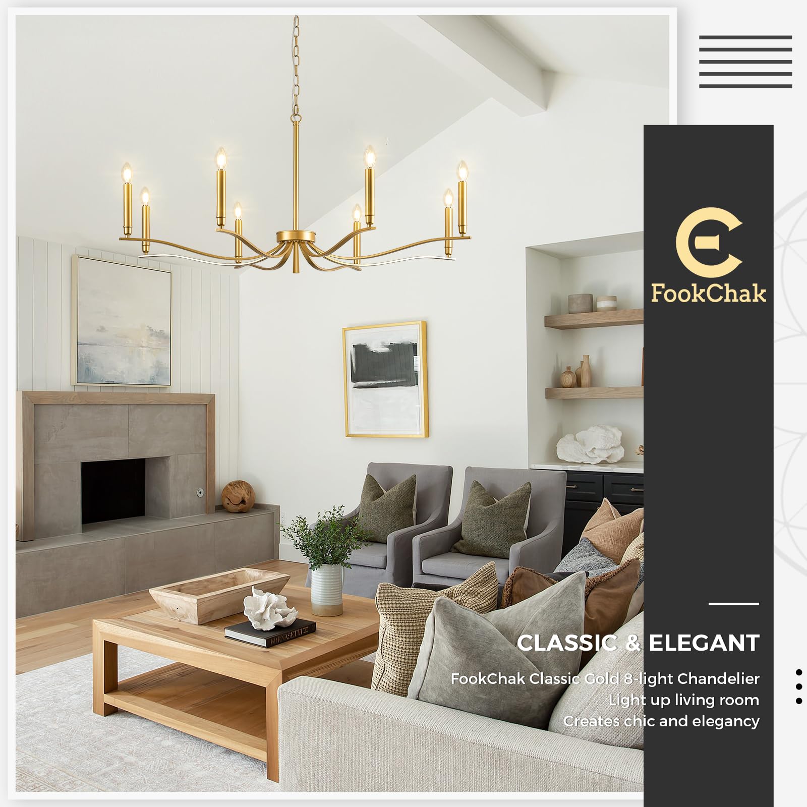 FookChak 8-Light Gold Brass Chandelier - Modern Metal Lighting Fixture for Dining Room, Entry Foyer, Living Room, 44in Model 40