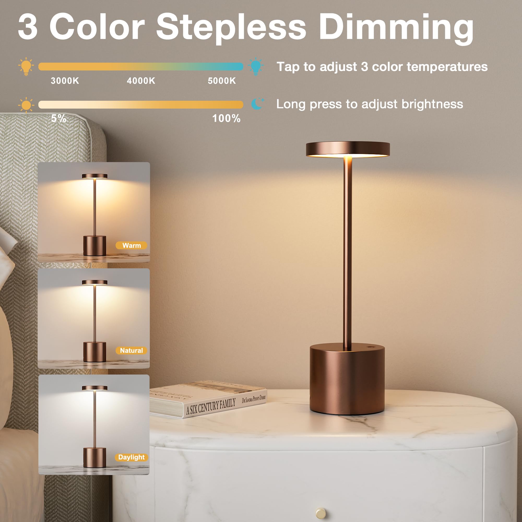 Kakanuo Brown Cordless Lamp, Rechargeable Lamp, Touch Control, 3 Color Temperature, Led Outdoor Wireless Lamp, Battery Operated