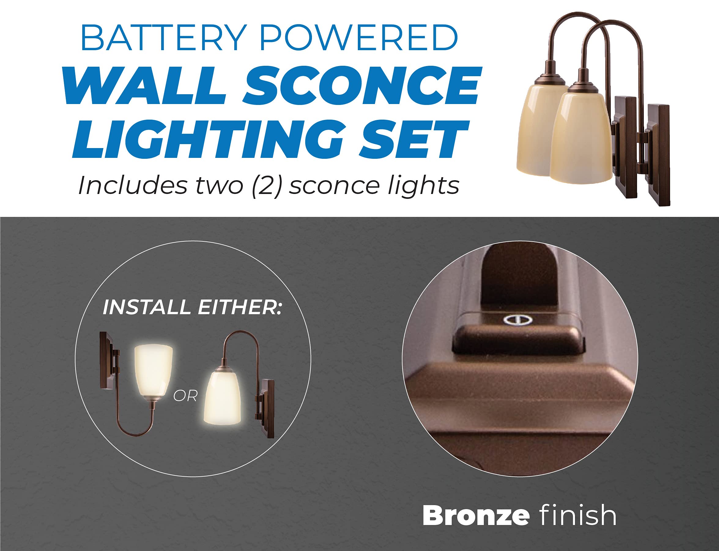 Westek LED Wall Sconce, Battery Operated, 100 Lumens, 2 Pack, Bronze Finish, Model BL-SCGN-DB2