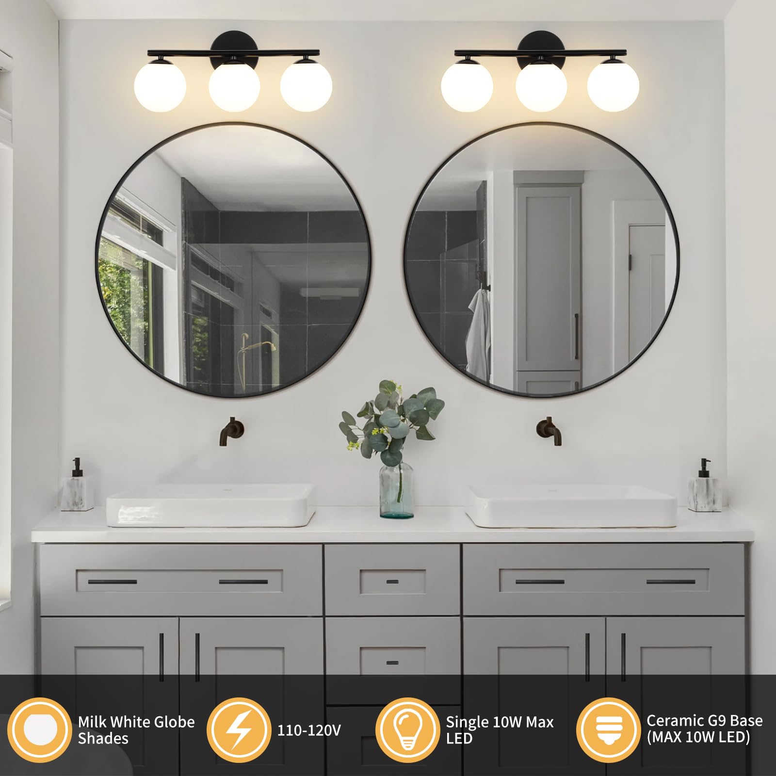 foucasal 3-Light Black Globe Bathroom Vanity Light, 11.81" Wall Sconce with Milk White Shades, Model ULYQBD47-3A