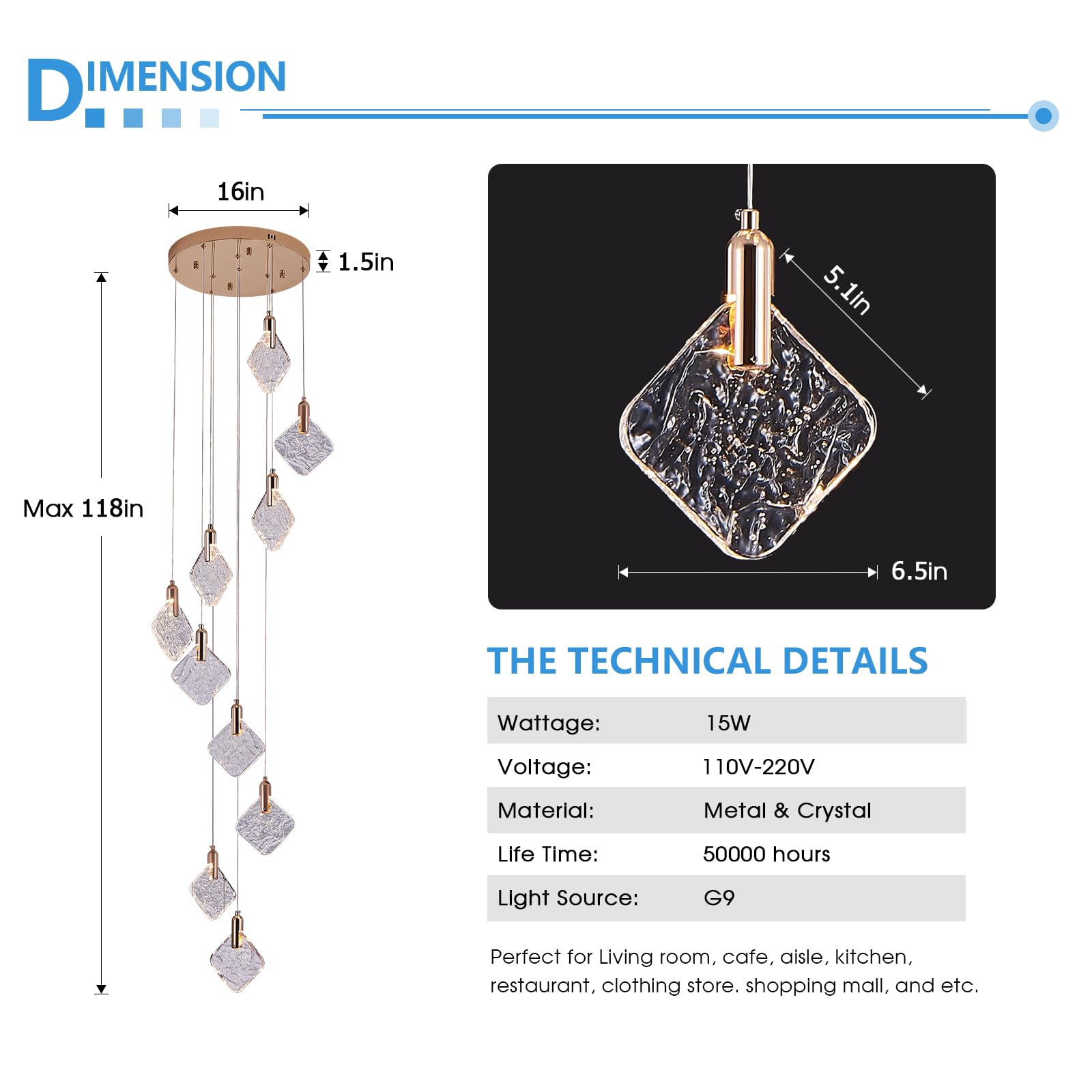 Kokaizeeki Staircase Crystal Chandelier 10-Light Pendant Light, Modern Square Led H118 High Hanging Ceiling Fixture With Gold Ba