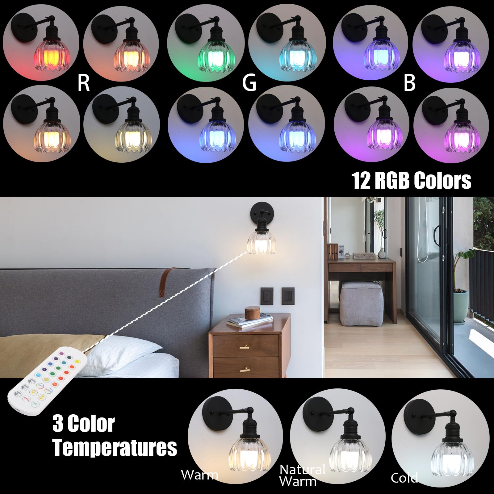 Phansthy Vintage Wall Sconce - Battery Operated, USB Rechargeable, 12 RGB Remote Control, Metal, Black, Model FZUS335-H