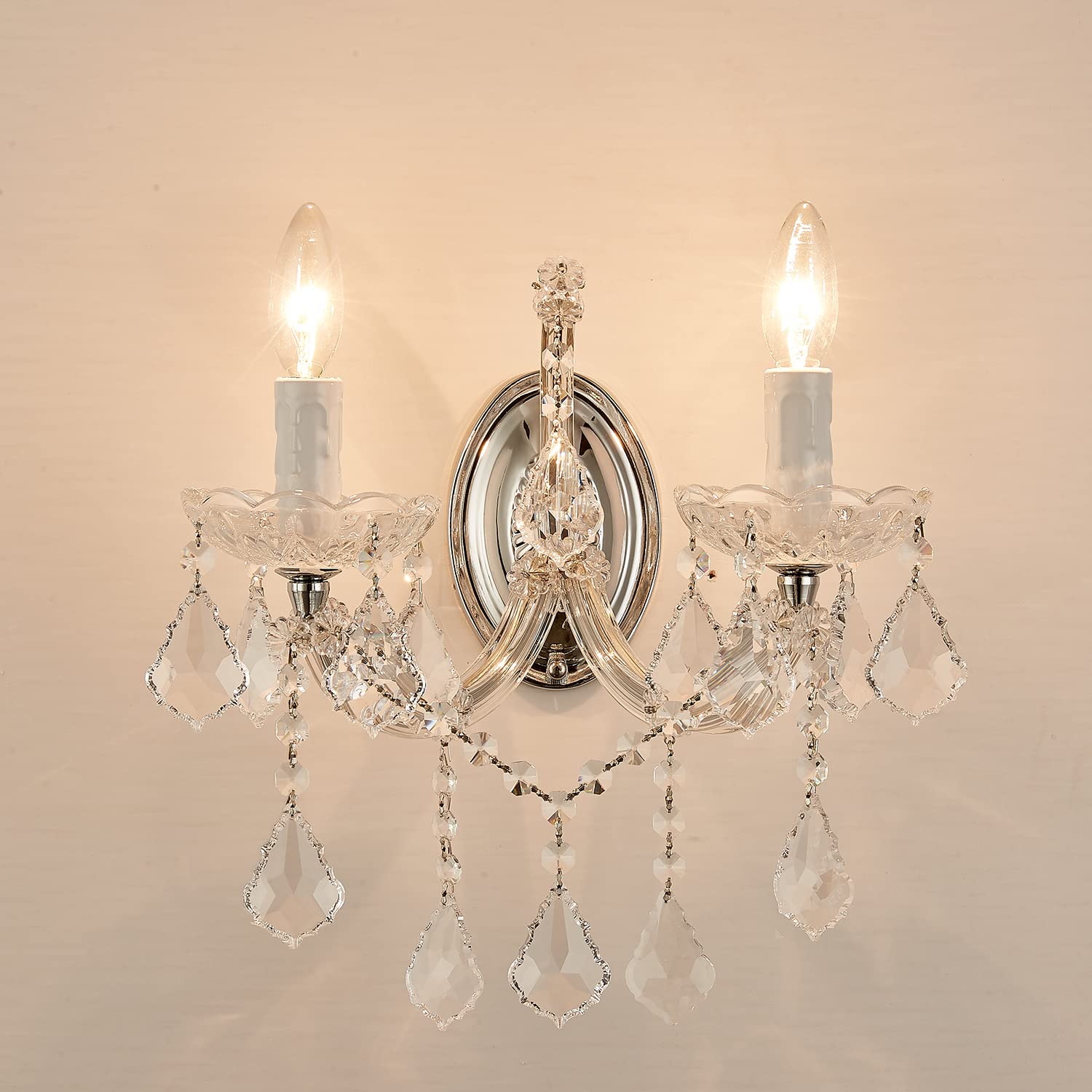 TMAFON Modern Crystal Wall Sconces - 2 Light Chrome Lamp, Steel & Glass, Model TMAZ-10130-02CH, Ideal for Bedroom & Living Room