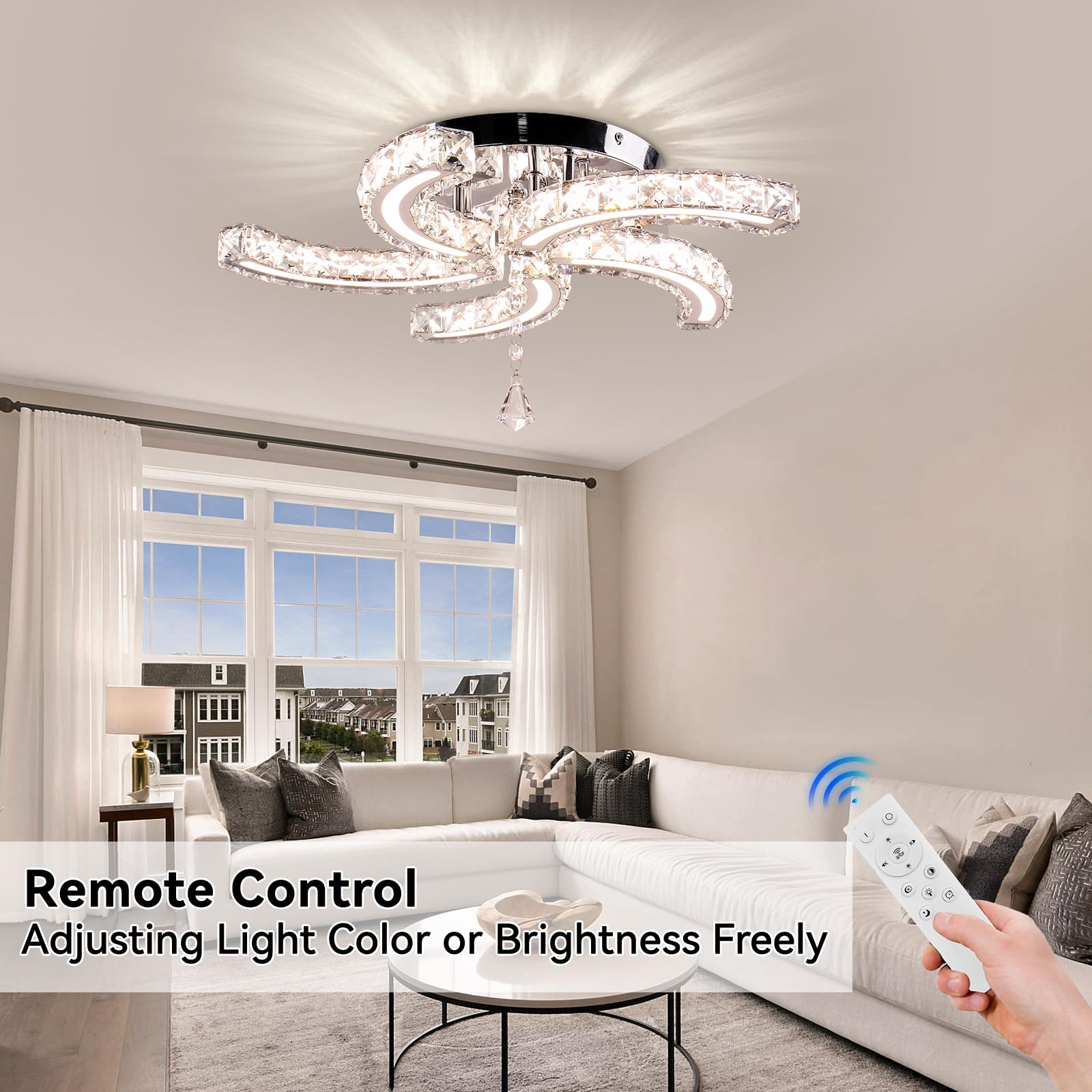 Cainjiazh 19.7 Dimmable Crystal Chandeliers Modern Crystal Ceiling Light Fixtures Acrylic 5 Arms Led Flush Mount Ceiling Light L