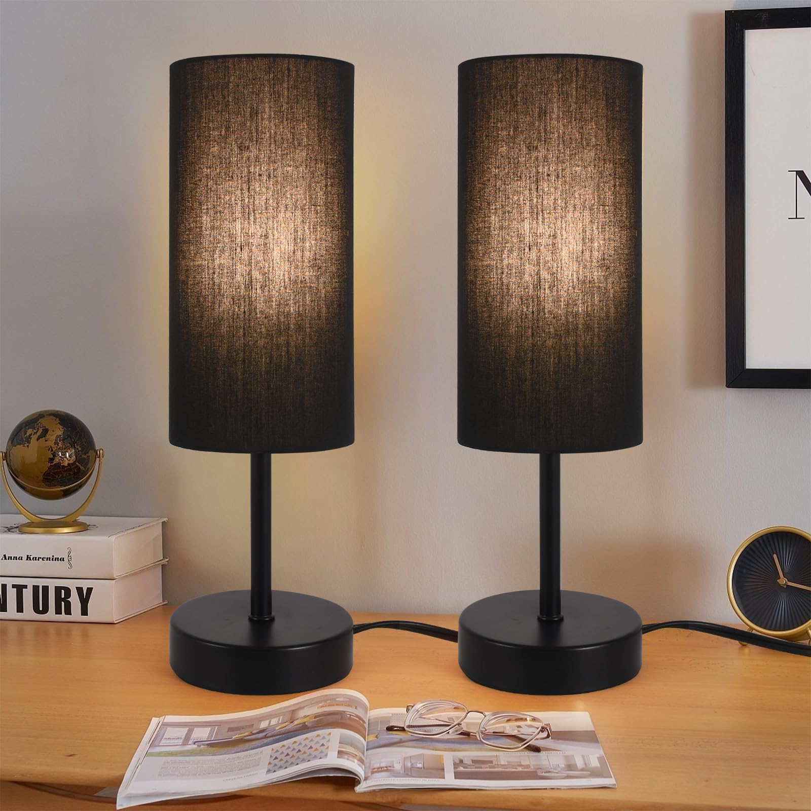 RISLG 2 Pack Table Lamp for Bedroom, Bedside Lamps for Nightstand with Wire Switch, Minimalist Desk Lamps with Linen Fabric Shad