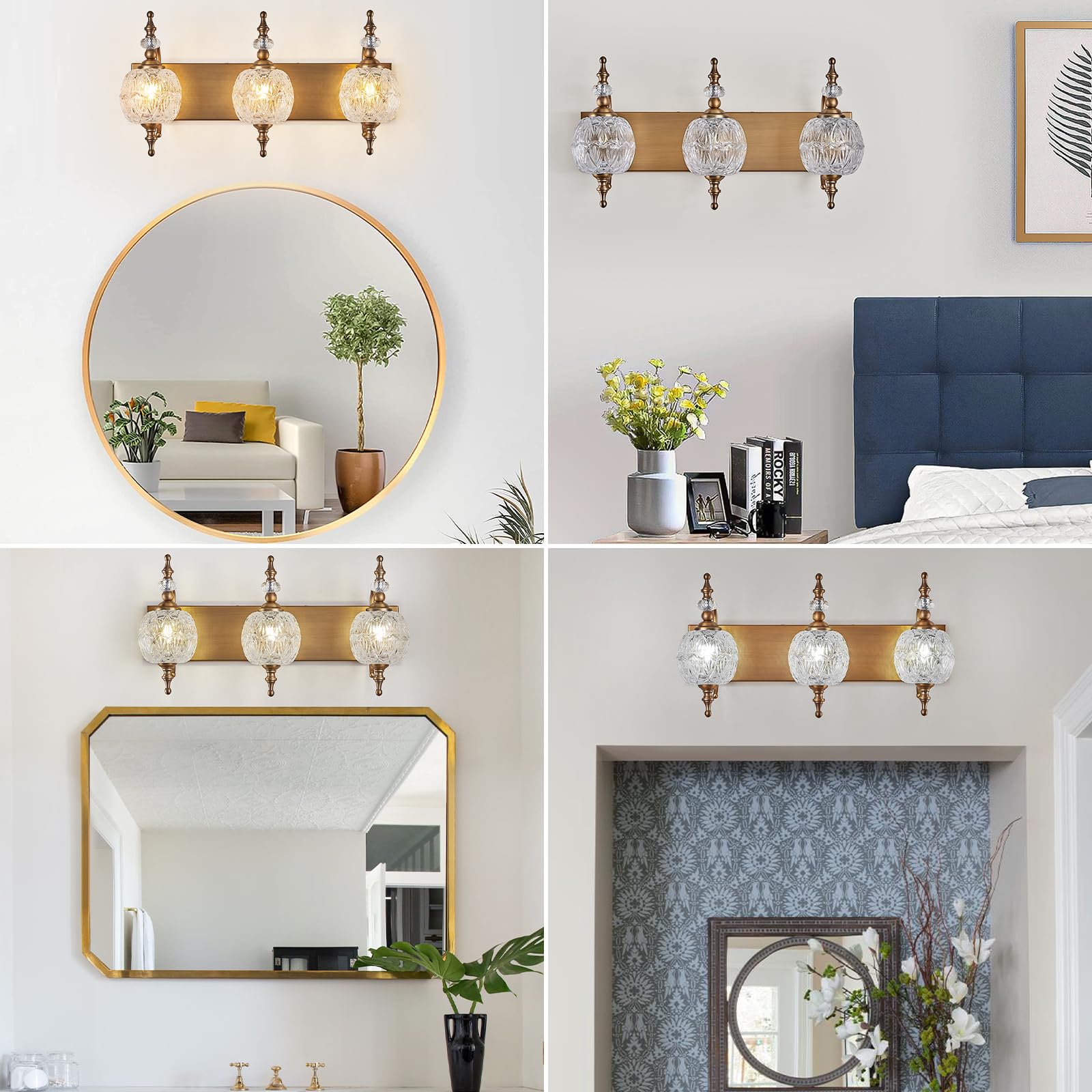 TLOLGT Vintage Bathroom Vanity Light, 3-Light Sconce, Matte Brushed Antique Brass, Crystal Glass Shade, Model W233-3
