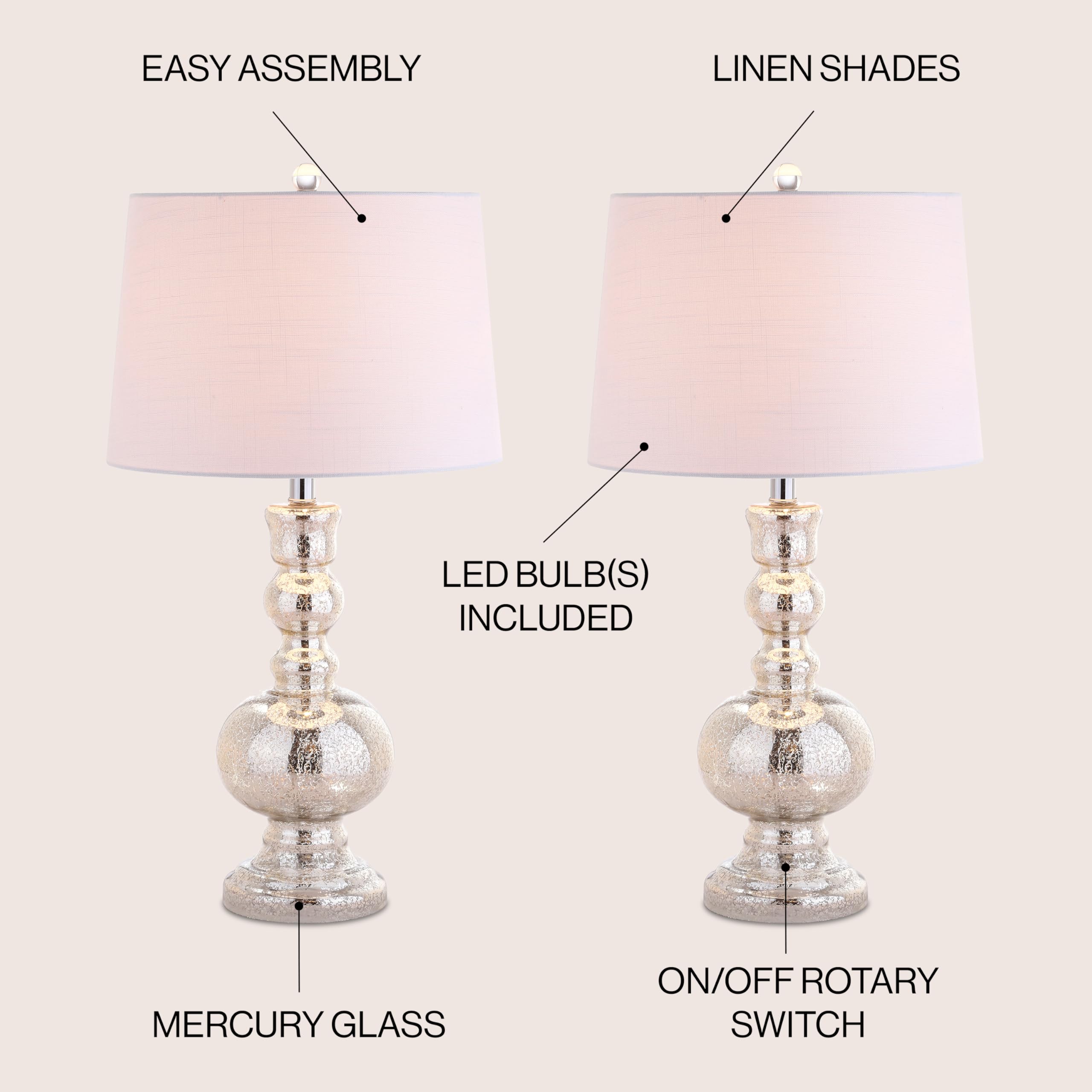 JONATHAN Y Set of 2 Glass LED Table Lamps, 28.5" Mercury Silver, Contemporary Design for Bedroom, Living Room, Office - Model JYL1061D-SET2