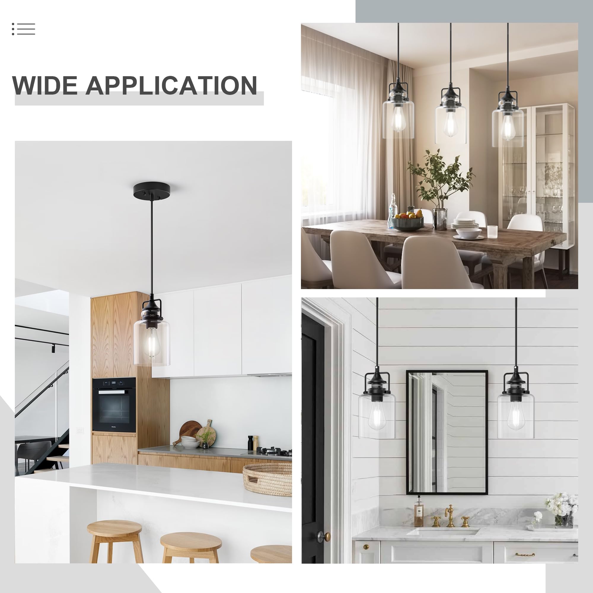 Hansang 3 Pack Pendant Lights For Kitchen Island, Modern Black Hanging Light Fixture, 47Inches Island Lights, Adjustable Rope, F