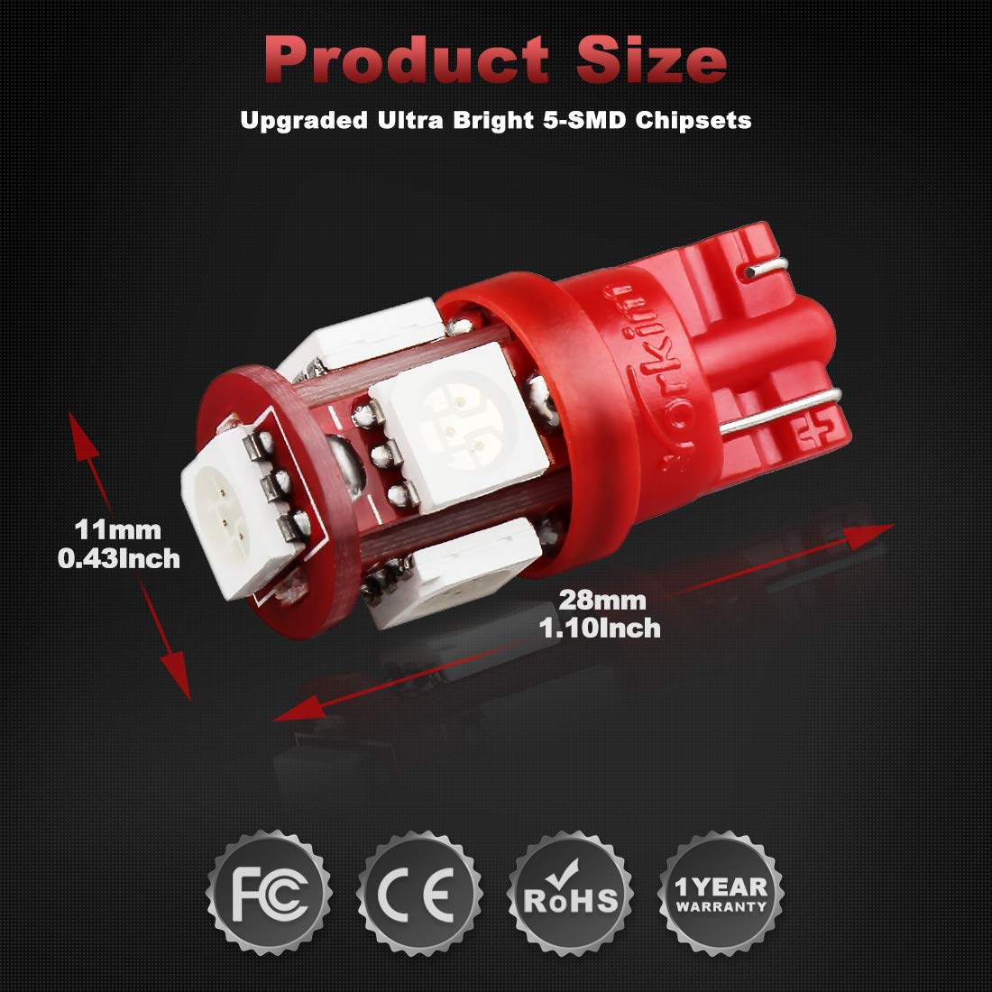 Yorkim T10 LED Bulbs Red Super Bright 168 LED Bulbs Pack of 10 for Car Interior Dome License Plate Map Door Lights AYJ1002617*10