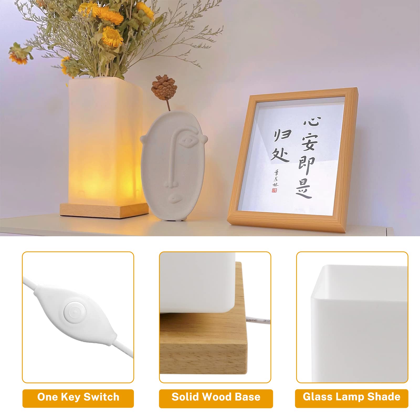 Floresita Dimmable Table Lamp - Frosted Glass Shade, Wood Base, USB Charge, 3 Colors, Model 1001