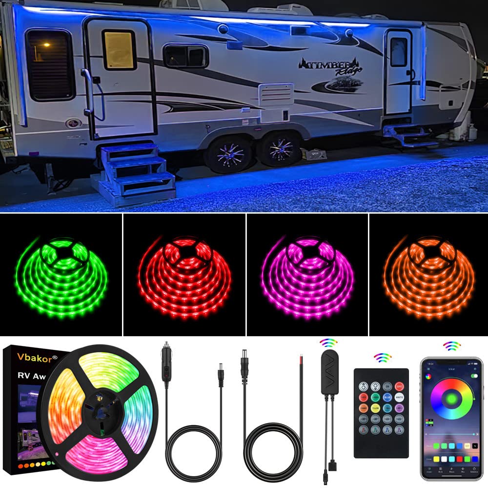 Vbakor RV Awning Lights Kit, 20FT RGB Dimmable Waterproof Strip Lights with APP/Remote Control, Multicolor