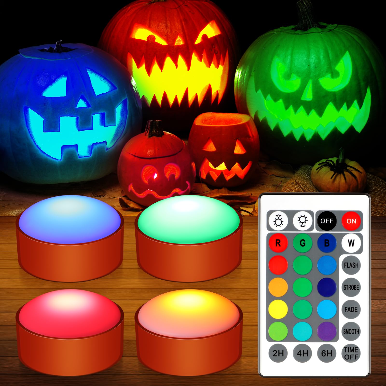 Lanties 4 Pieces Halloween LED Pumpkin Lights with Remote 16 Multi Colors Timer Colored Puck Light Battery Operated Flameless LE