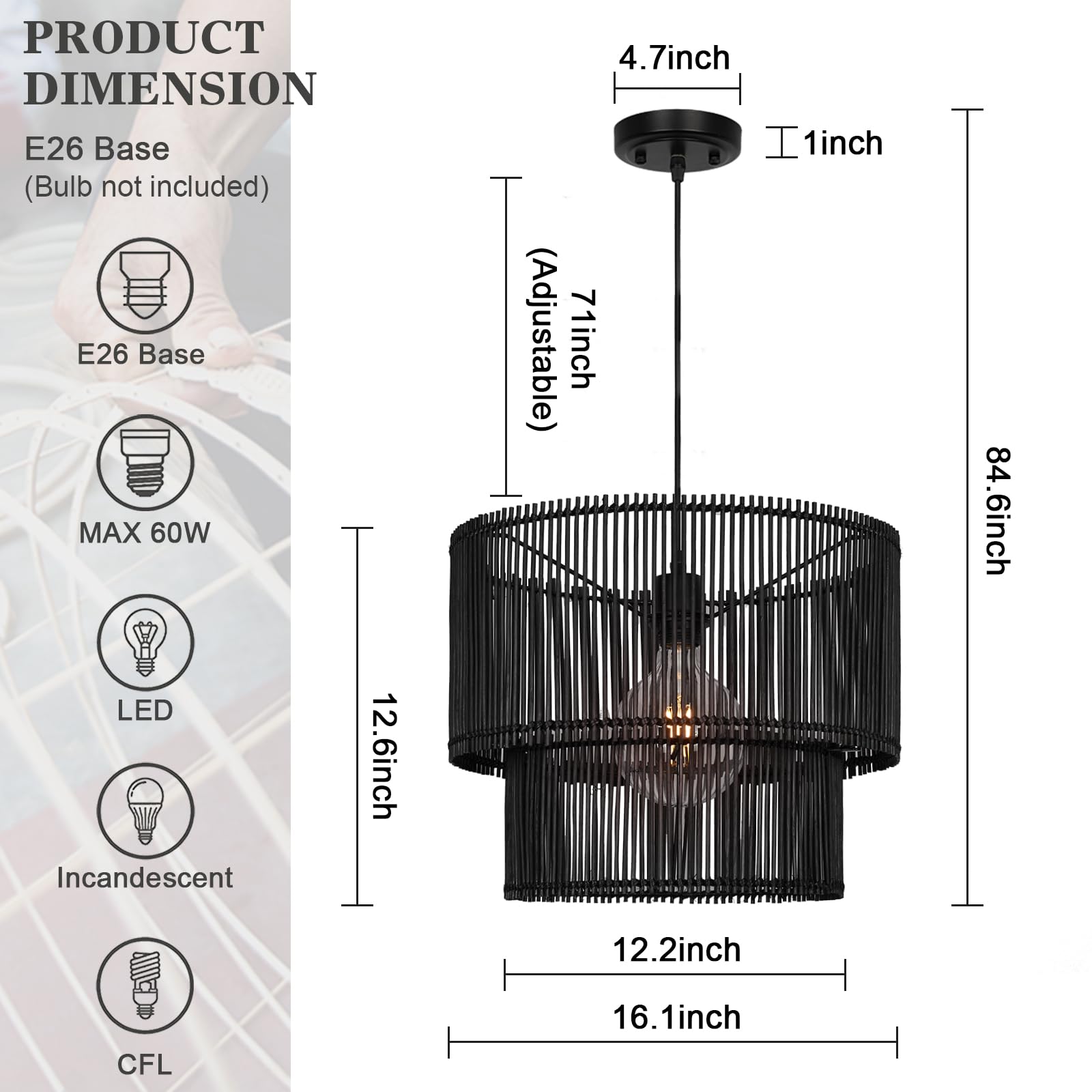 Rosient Woven Rattan Pendant Lamp, 16 Inch Large Natural Simple Hand Weaved Coastal Beach Black Rope Hanging Pendant Light Fixtu