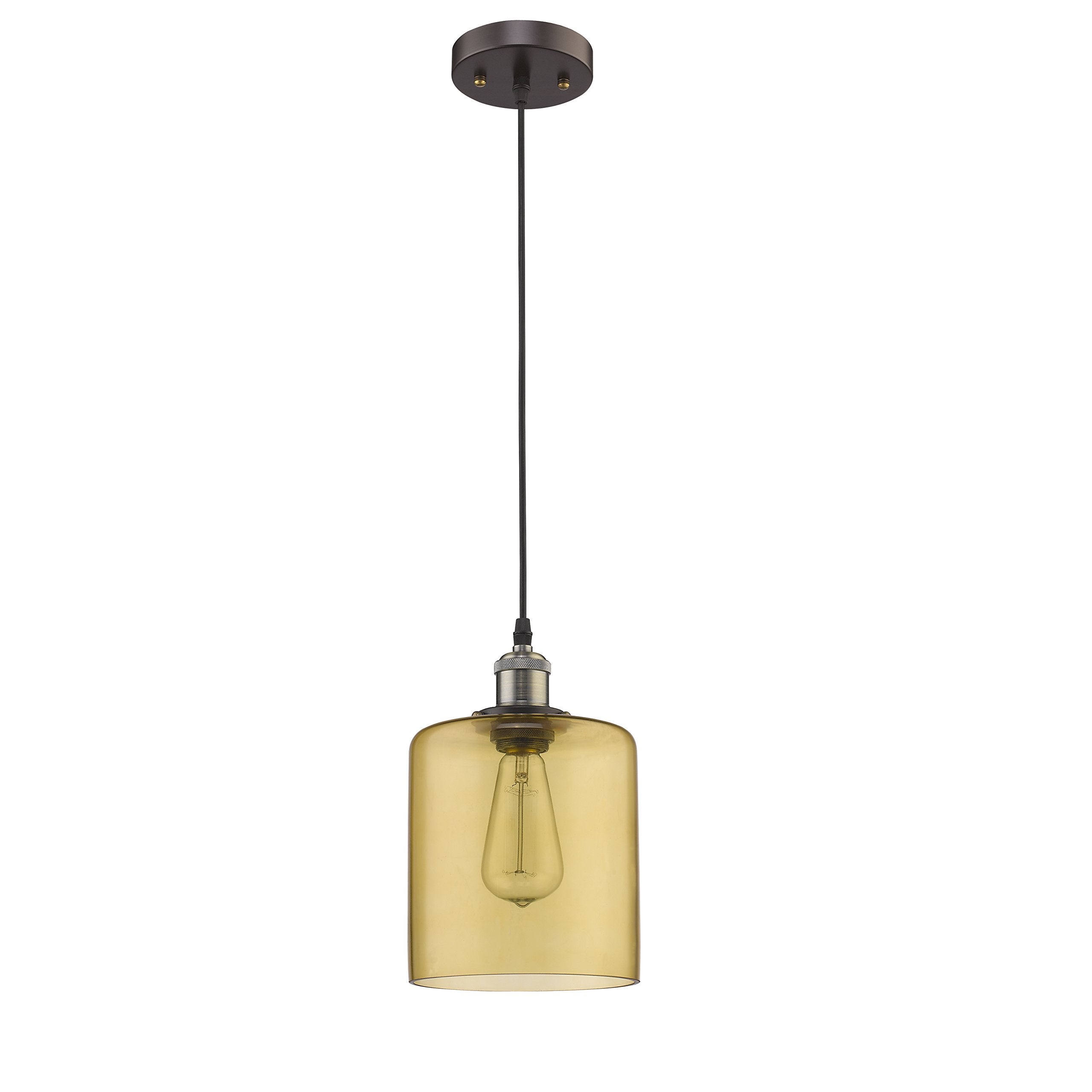 Chloe CH58013AM07-DP1 Bronze 7&quot; Shade Industrial-Style 1 Light Rubbed Amber Glass Ceiling Mini Pendant, 7.95 x 7.08 x 7.08