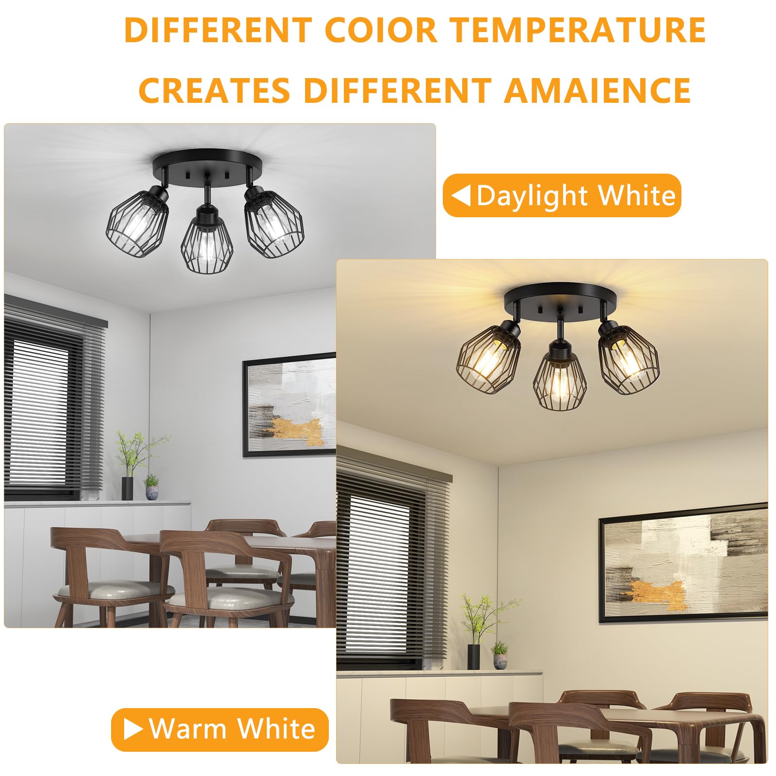 Baocuz 3-Light Adjustable Black Metal Cage Ceiling Light Fixture for Kitchen, Hallway, Dining Room